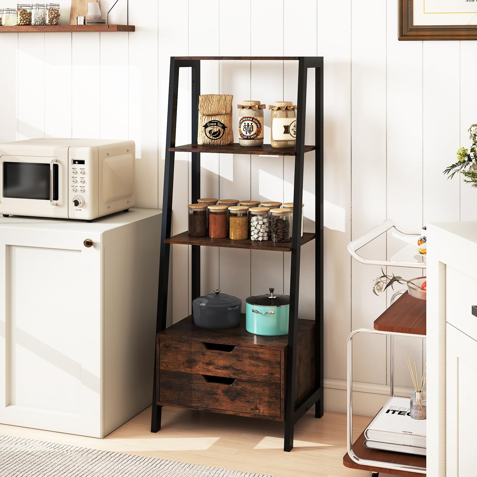 HOMASIS Librería Escalera de Madera con Patas, Estantería Mural con 2 Cajones, Mueble de Almacenamiento con Estantes Escalonados para Dormitorio, Salón, Despacho, 52 x 40 x 134 cm (Marrón)