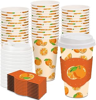 JarThenaAMCS 48 Set Little Cutie Disposable Coffee Cups with Lids and Sleeves Orange Paper Cups Cute Drinking Cup for Baby Shower Birthday Party Supplies