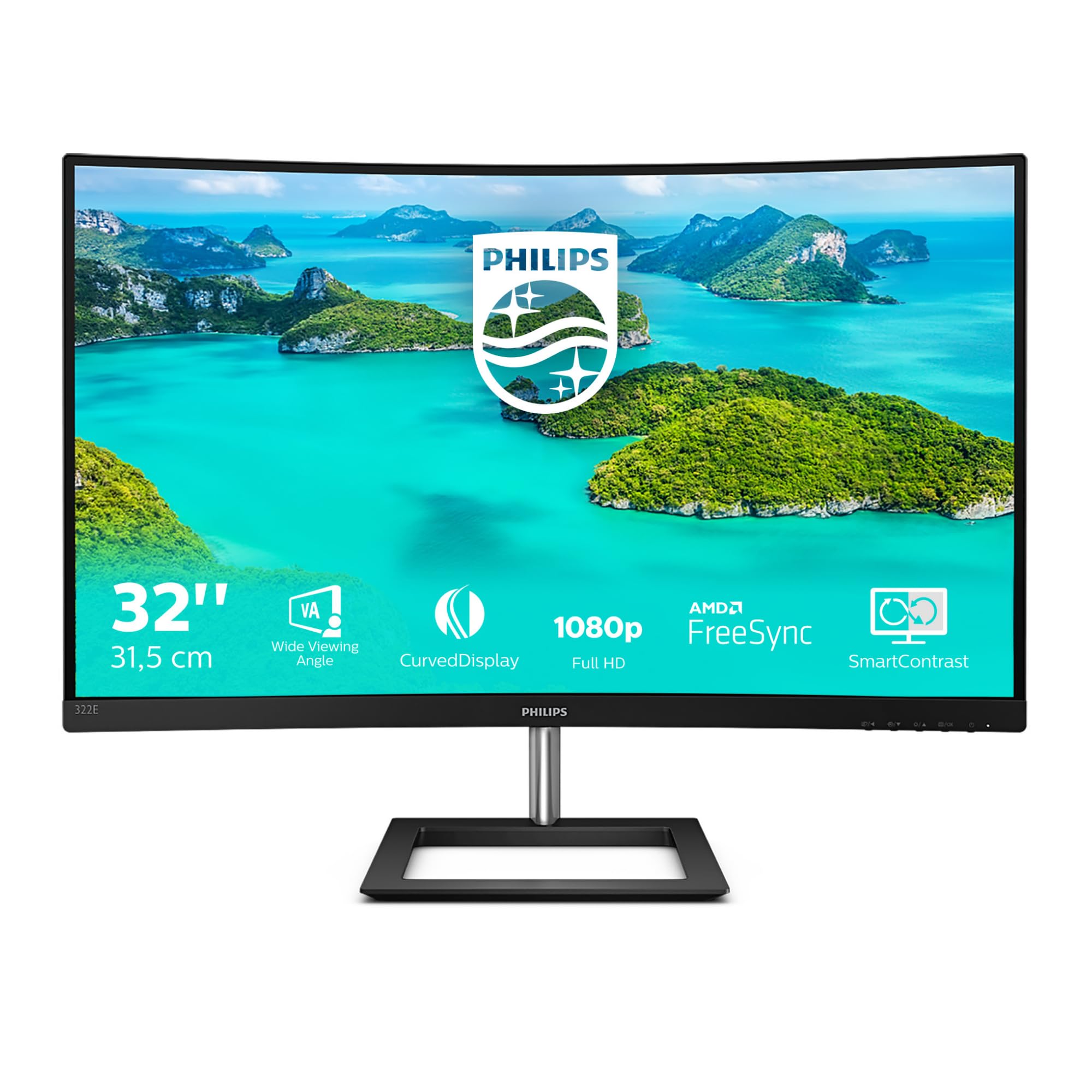 PHILIPS E Line 322E1C/00 écran Plat de PC 80 cm (31.5") Quad HD LCD Incurvé Noir - Écrans Plats de PC (80 cm (31.5"), 1920 x 1080 Pixels, Quad HD, LCD, 4 ms, Noir)