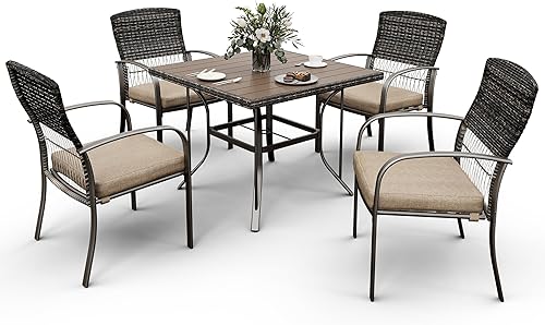 Juego de comedor de patio para 4, 5 piezas de mesa y silla de patio, mesa de madera plástica con agujero de sombrilla de 1.6 pulgadas, muebles de