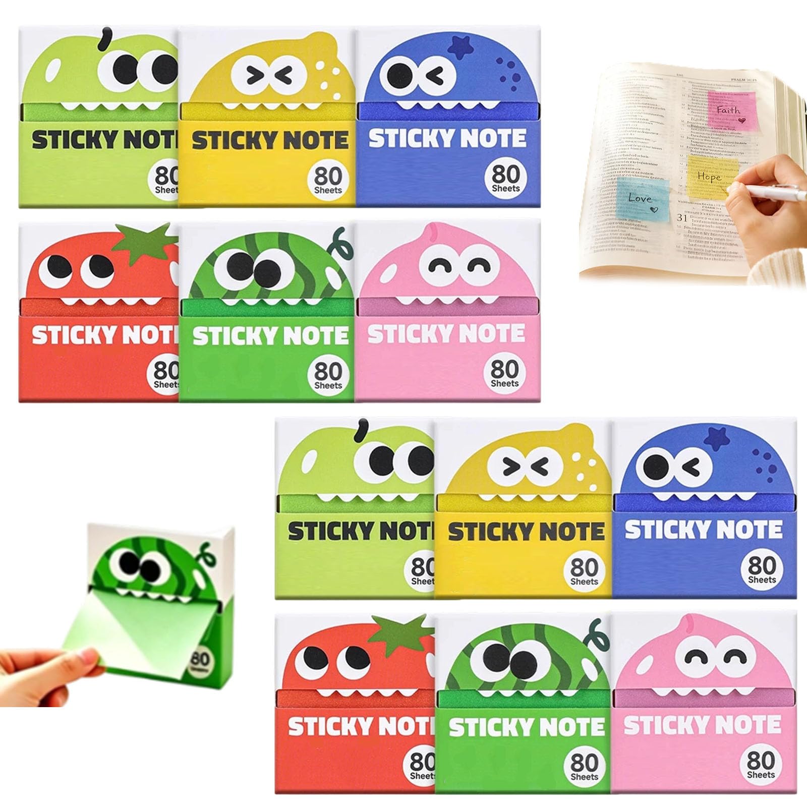 Cute Fruit Monster Pop-Up Sticky Notes Dispenser, Transparent Pearlescent Sticky tabs 80 Sheets, Non Residue Reusable Index Flags, for School Office Students Teachers (2set)