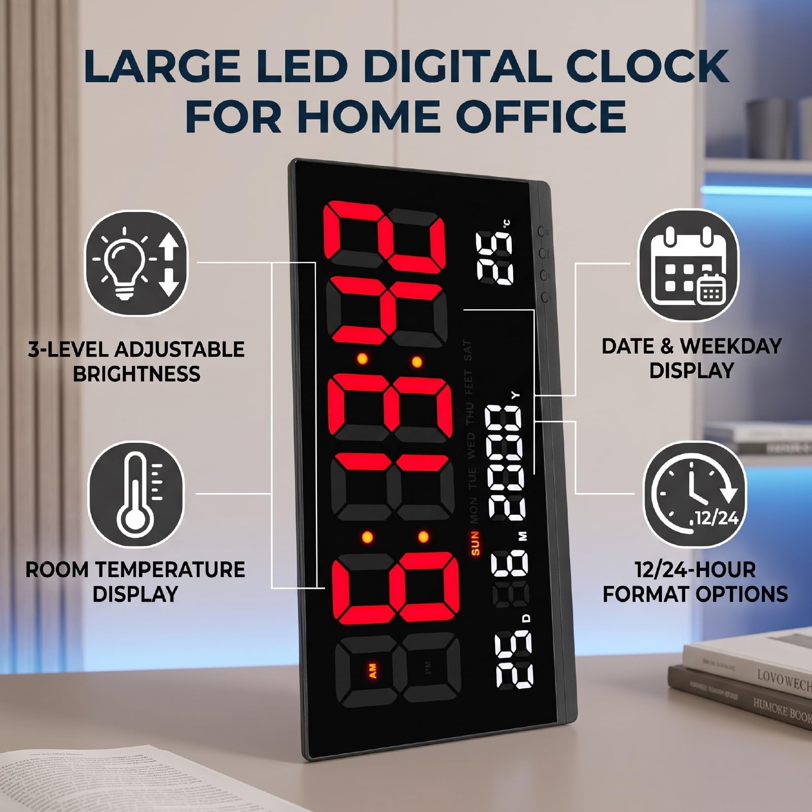 Naroote Orologio Da Parete LED Con Ampio Schermo Calendario Temperatura | 3 Livelli Di Luminosità, Display Extra Large, Formato 12/24H, Data e Giorno, Temp Ambiente, Memoria, Fessure Di Ventilazione