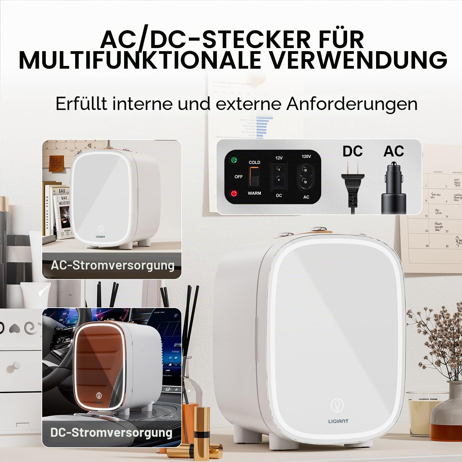 DF01A Mini Kosmetik Kühlschrank, 4L Mini-Kühlschrank mit 3-stufig LED Spiegel, Geräuscharm, Kleiner Hautpflege Kühlschrank mit Kühl- und Heizfunktion, Tragbares Design für Schlafzimmer, Büro und Auto