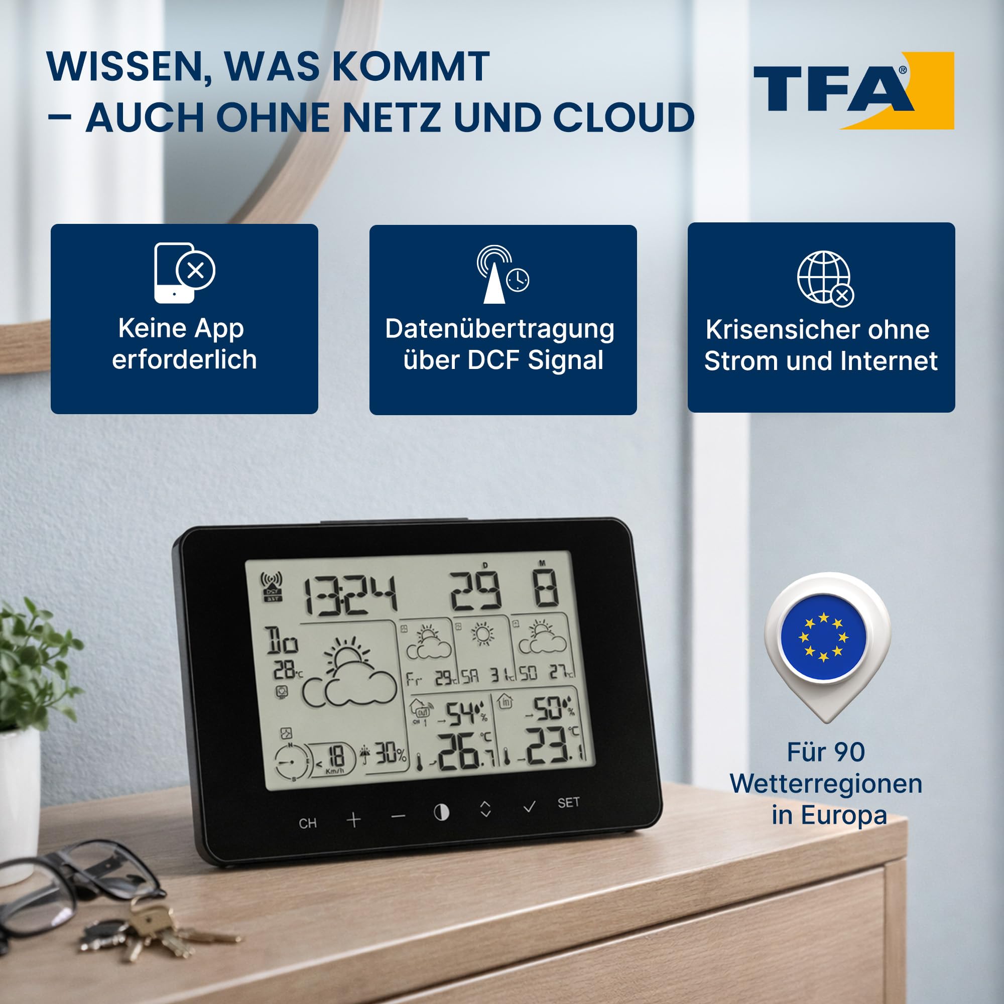 TFA Dostmann Wetter Info Center METEOTIME PRIMO, 35.1156.01, Wetterstation, für 90 Wetterregionen in Europa, mit Regenwahrscheinlichkeit, Windstärke, schwarz
