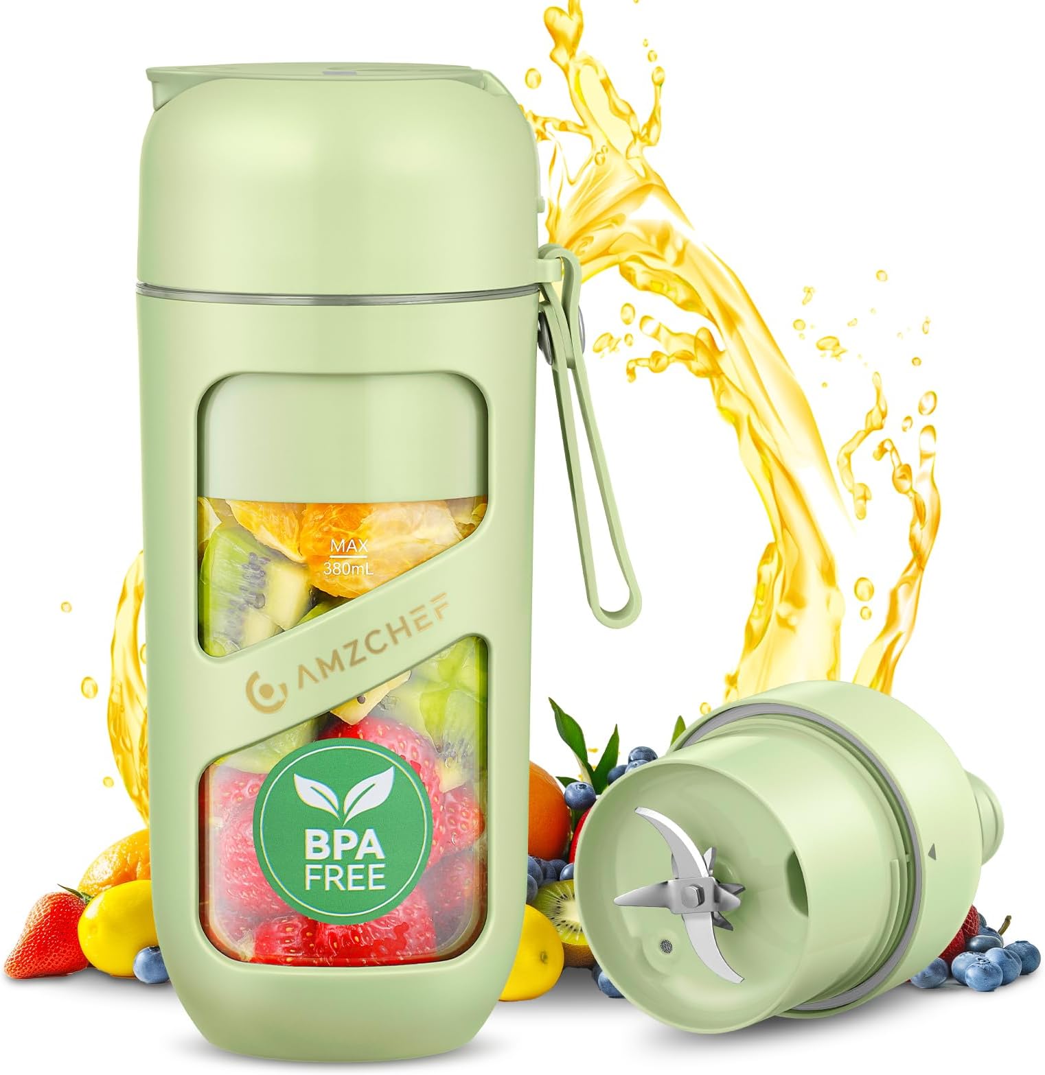 AMZCHEF Portable Blender Smoothie Maker, Vacuum Mini Blenders for Smoothies, 380ml Tritan Portable Smoothie Blender Bottle for Travel, Gym Kitchen Office, 10 Blades USB Rechargeable