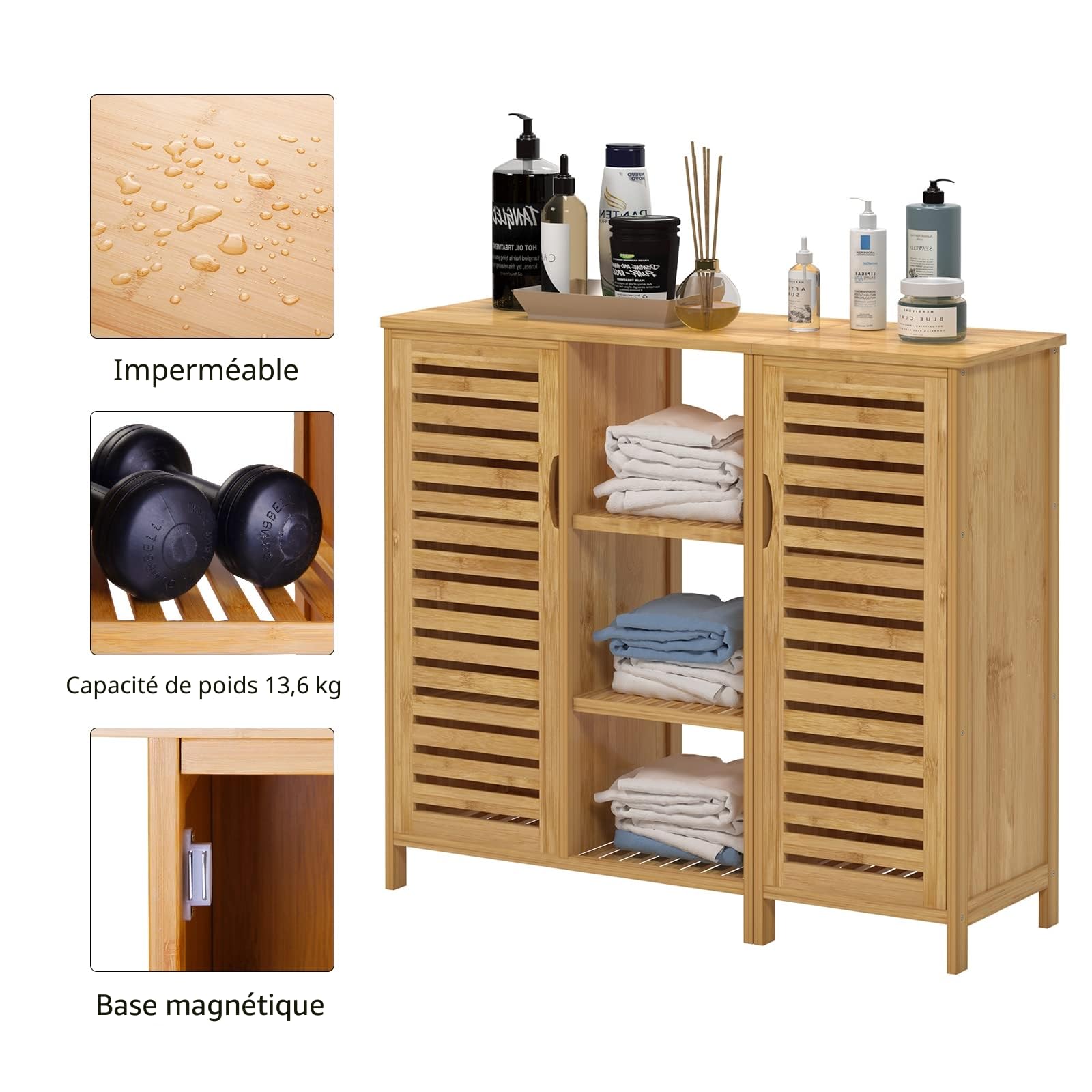 SDHYL 2 en 1 Meuble de Rangement en Bambou Armoire Meuble Bas et Placard de Cuisine avec Étagères Ouvertes & 2Portes à Persienne, Commode Armoire de Rangement pour Chamber, Salle de Bain