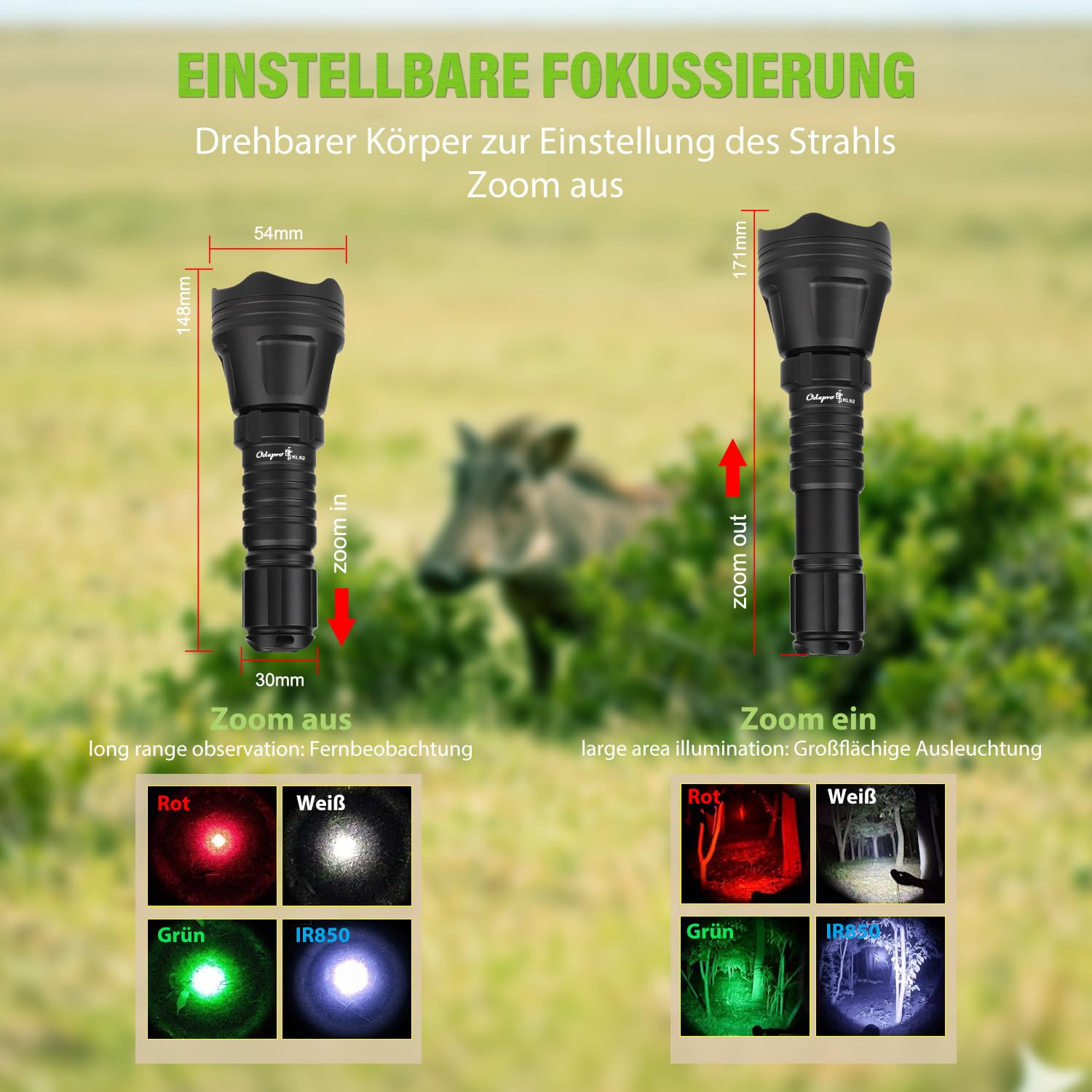 KL52 Plus Taschenlampe LED mit Weiß,Rot,Grün,IR850, Zoom Taktische Taschenlampen, IP68 Wasserdichte Leuchte mit Fernschalter für Outdoor,Camping,Wandern,Notfäll