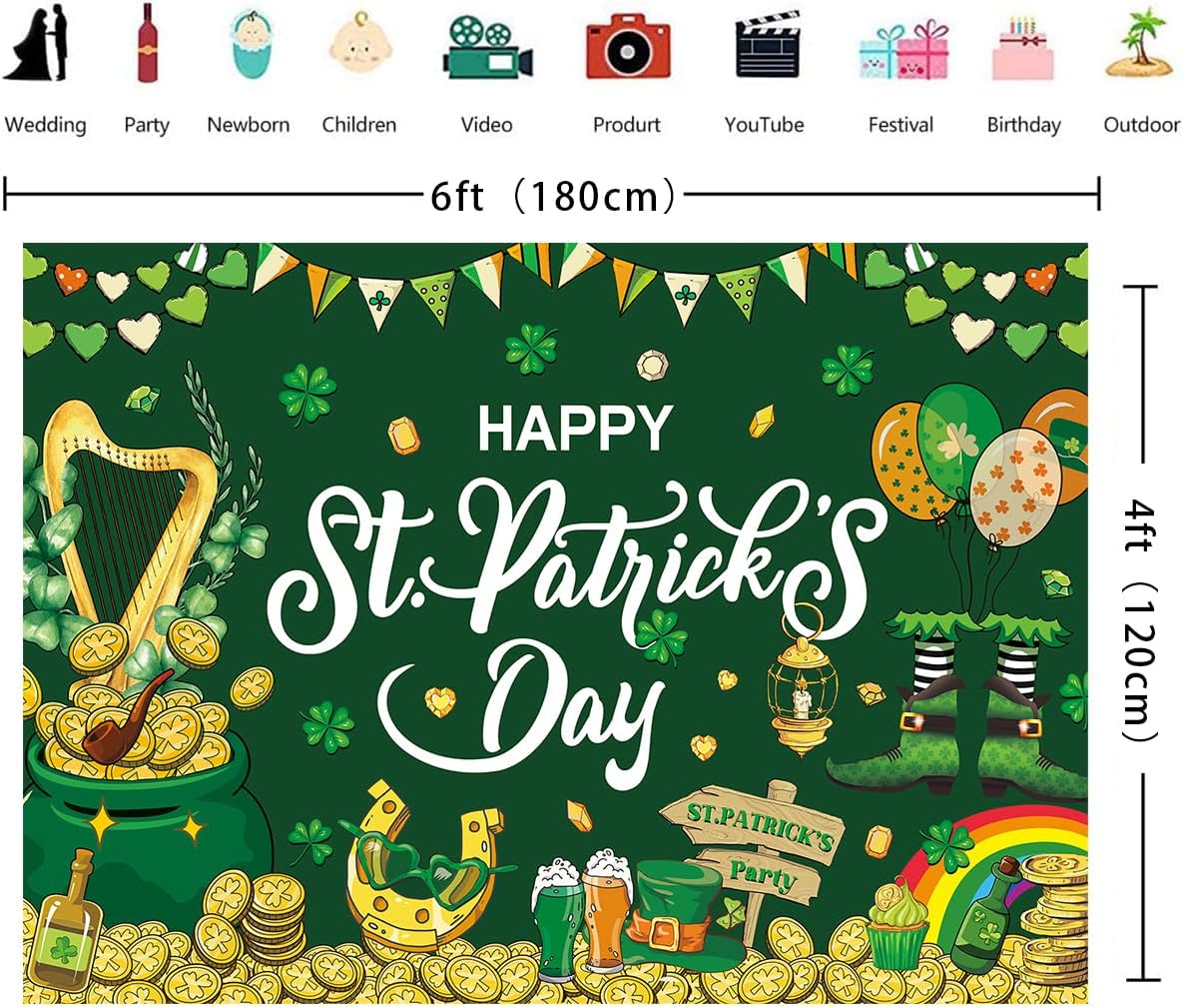 St. Patrick's Day Banner Backdrop 6x4FT Irish Gold Coin Rainbow Lucky Photography Shamrock Background St. Patricks Day Party Decorations Supplies Photo Props