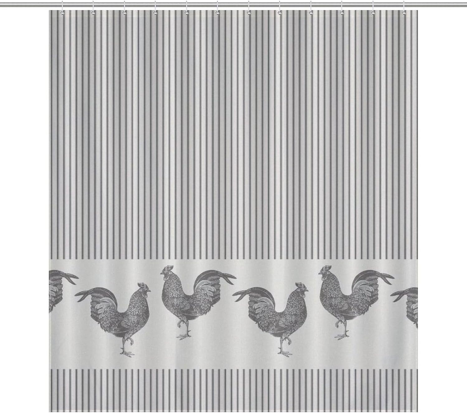 Grey Chicken Shower Curtains, Rustic Rooster Stripe Retro Decor Print Vintage Bath Drapes Set with Hooks, Waterproof Fabric Windows Treatment for Bathroom, 66x72in