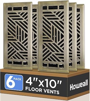 Howeall 4x10 Inches 6 Pack Heavy Duty Walkable Floor Register Easy Adjust Air Supply Lever Floor Vents - Brooklyn Design - Vent Cover for Home Floor - Antique Brass