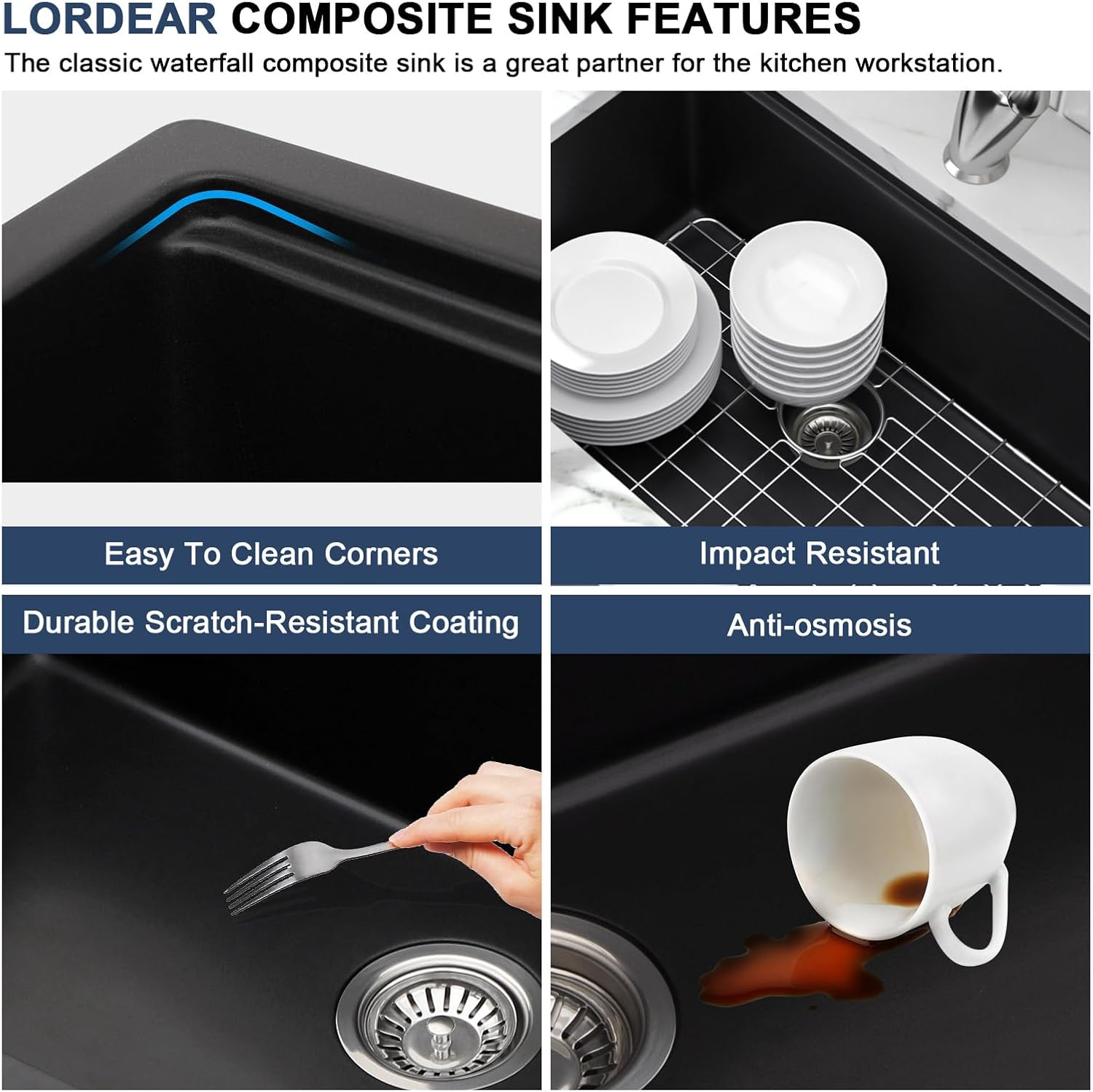 Lordear Undermount Kitchen Sink Composite Granite Sink Quartz Sinks Workstation 28 Inch Black Under Counter Kitchen Sinks 28x19 Inch