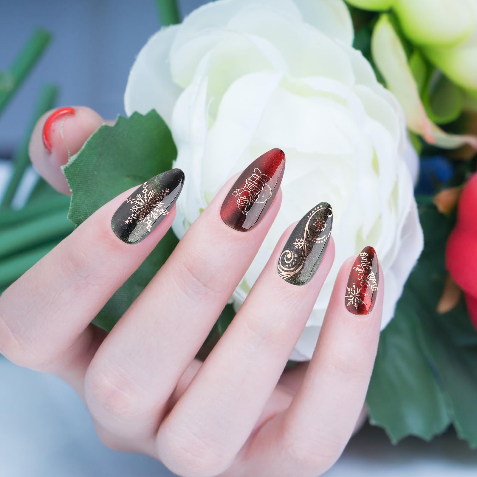 JMEOWIO Weihnachts-Nagelsticker – 9 Blatt, Selbstklebend, Roségold & Schneeflocken, Für DIY-Nageldesign