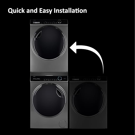 Haier Black Stacking Kit for Washing Machine and Tumble Dryer with Sliding Shelf, with Robust Ratchet Strap & Wall Anchors, Perfect for Series 3, 5, 7, and 11, Universal for Washers with Depth 47-62cm | Black stacking kit with sliding shelf, ratchet strap and wall fixings fits washing machines and dryers 47-62cm deep.