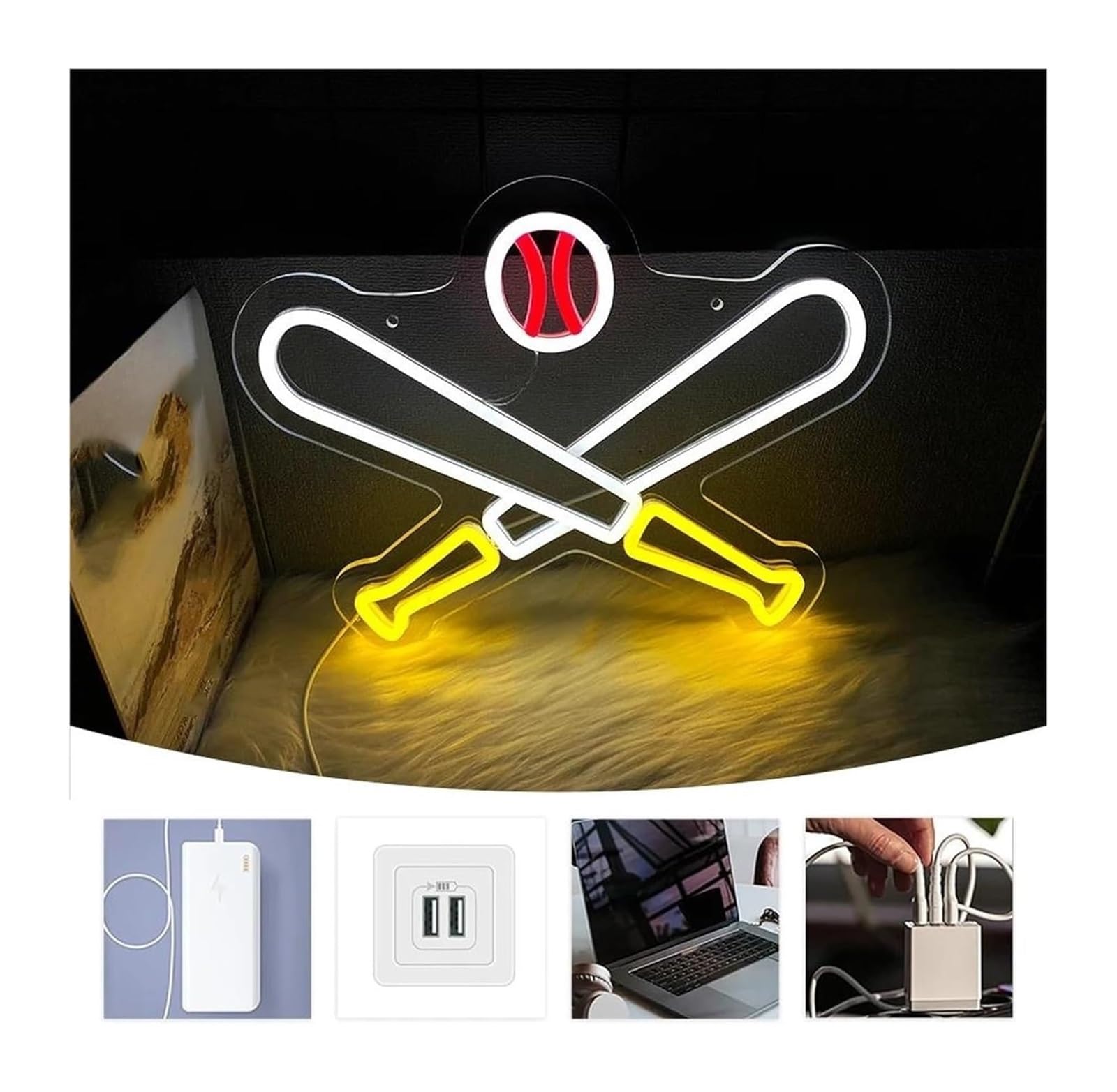 Generico Baseball per insegna al neon Luminosità regolabile Luce alimentata per sport Camera da letto Festa di compleanno Casa