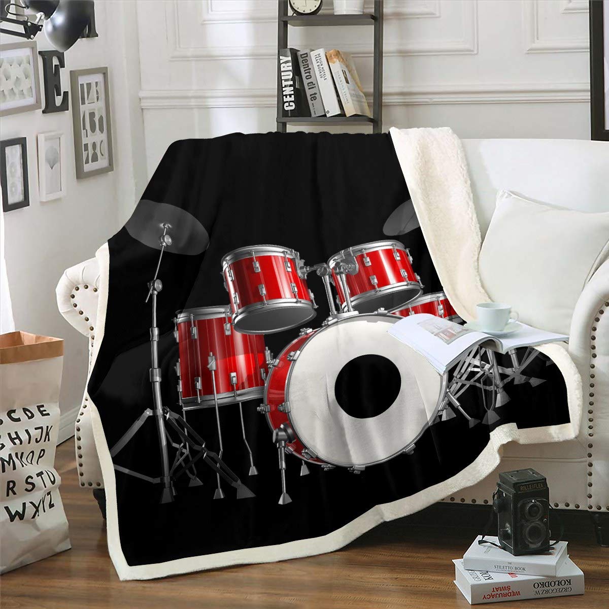 Drum Kit Sherpa Coperta in pile a tema musica rock per bambini ragazzi ragazzi ragazzi strumenti musicali stampa di peluche coperta hip-hop coperta sfocata per divano letto letto king size 200 x 220