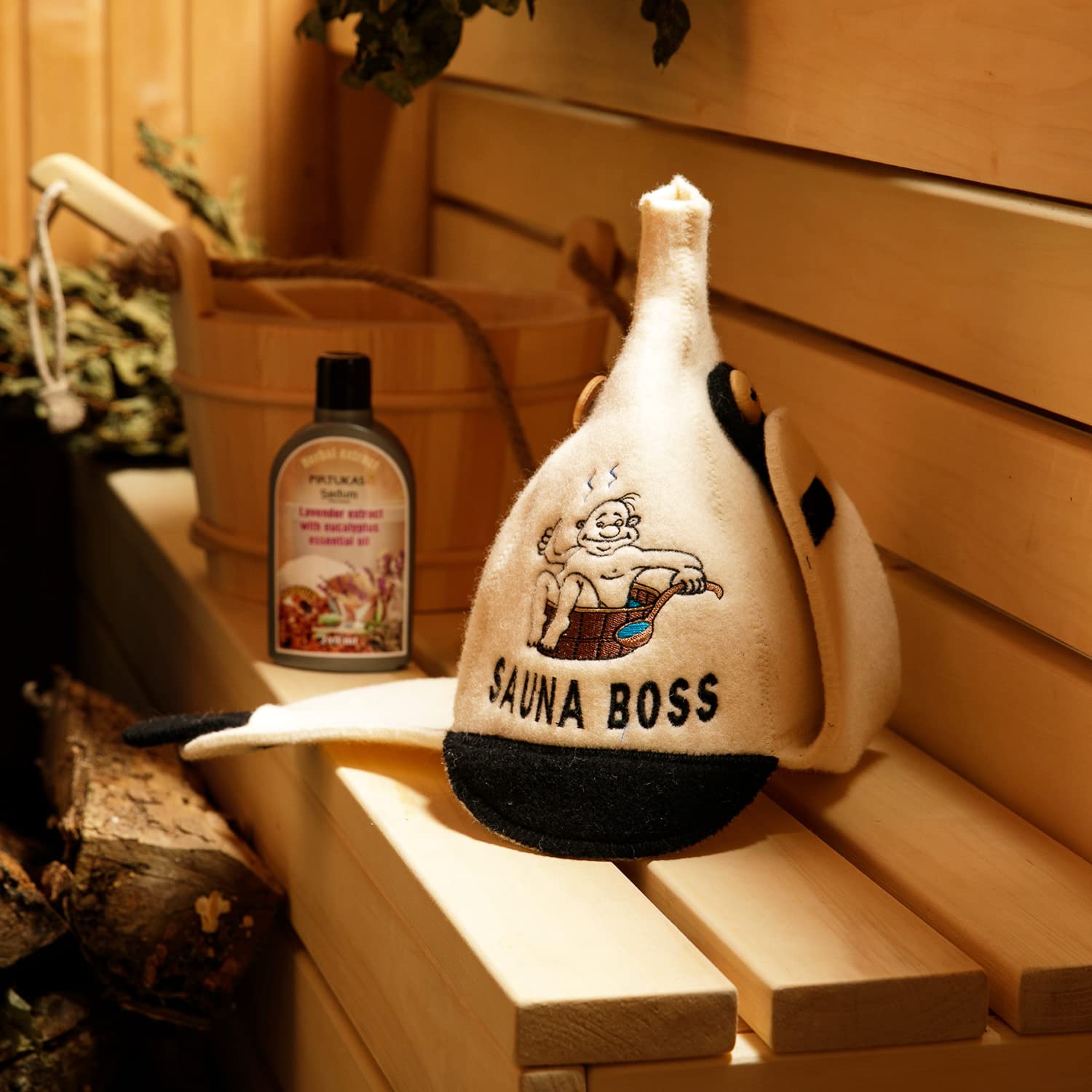 SAUNA GURU Sauna Boss Hat, 100% Organic Wool Felt Sauna Cap, Banya Hat Sauna Hair Protector, Sauna Accessories Embroidered Hat, Russian Sauna Hat, Sauna Room Accessory, Steam Cap