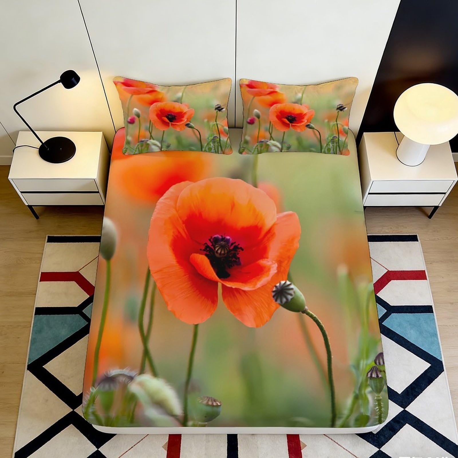 3D Printed Red Poppy Flower Fitted Sheet Microfiber Soft Orange Blossom Mattress Cover Bedroom Decor Anti-Slip Washable 180x200x25cm