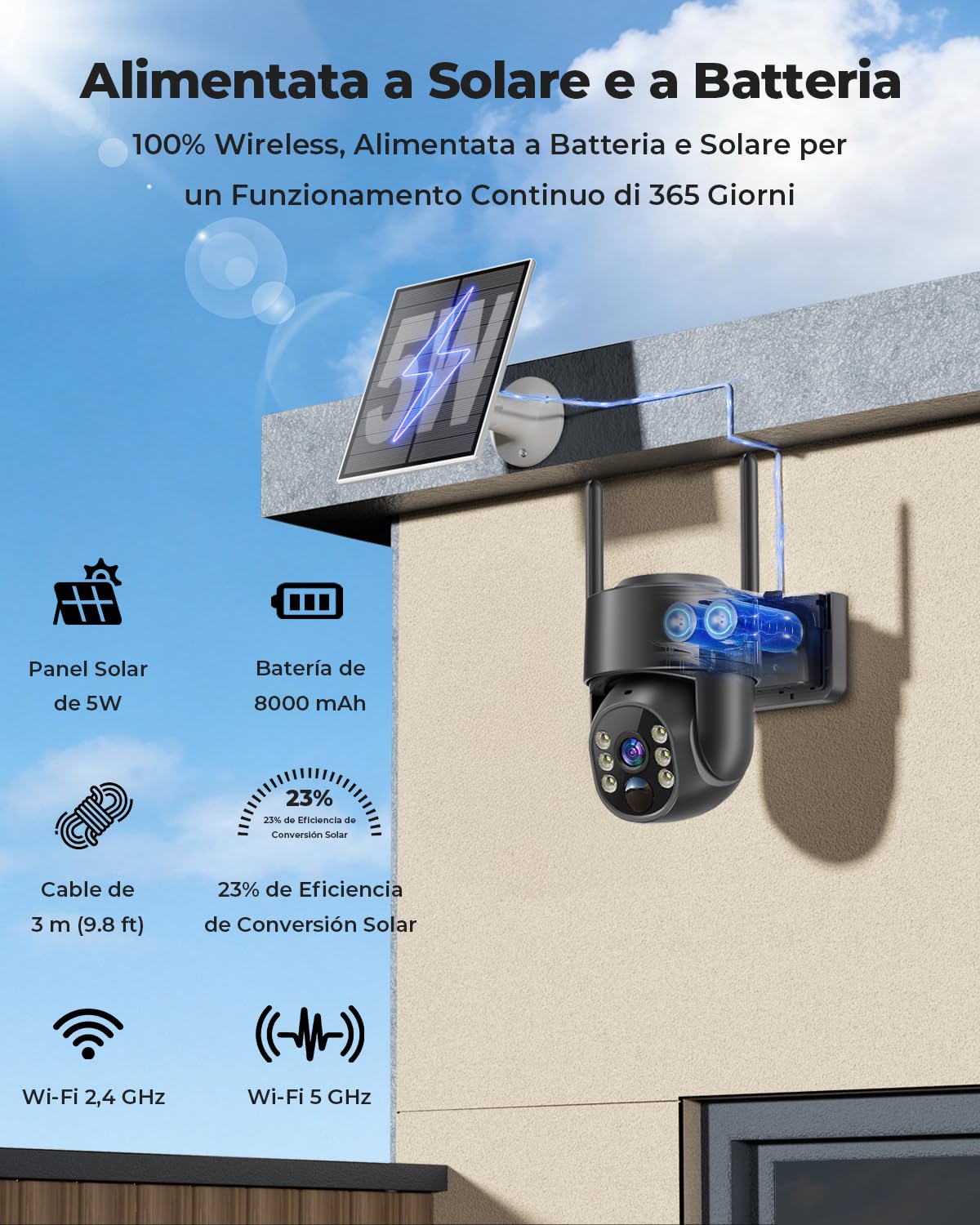 WESECUU Telecamera WiFi Esterna senza Fili Solare 2.5K 4MP con Pannello Solare 5W, Wi-Fi 2.4G e 5GHz, Registrazione Continua 24/7, Batteria 8000mAh, Monitoraggio Automatico PTZ a 360°, IP66, PIR