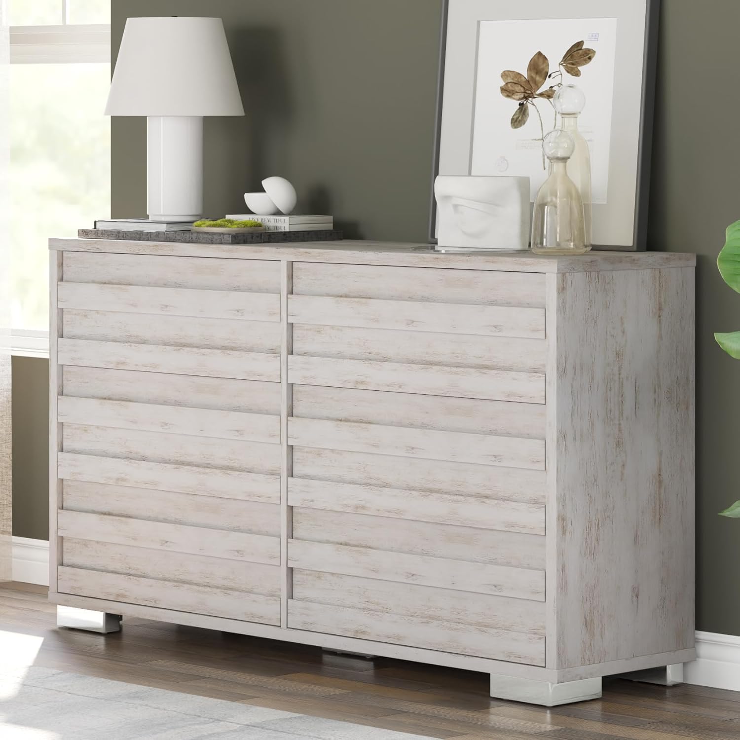 AMERLIFE Farmhouse 6 Drawer Dresser for Bedroom, 54" Wide Chest of Drawers with Slat Handle, Wooden Dresser for Bedroom, Living Room, Distressed White