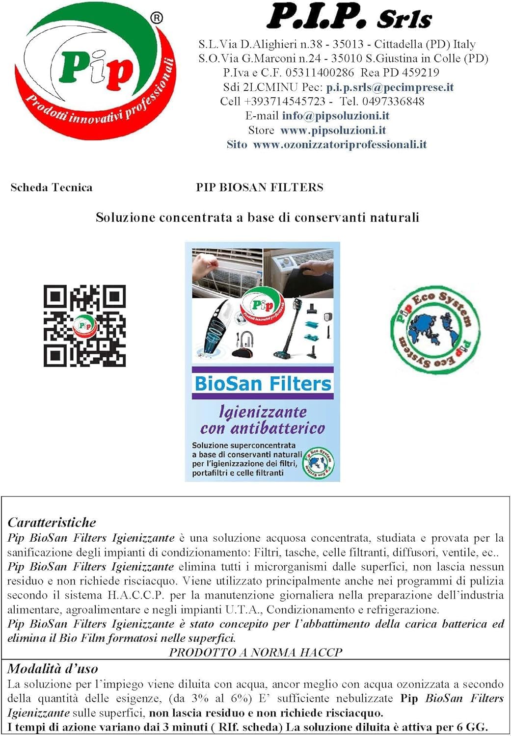 PIP Detergente Concentrato Bio FoodSan Filtri, Concentrato Tanica 8 Litri Pari a 240 Litri Pronto Uso, Pulizia Filtro Climatizzatore, Condizionatori Professionale HACCP