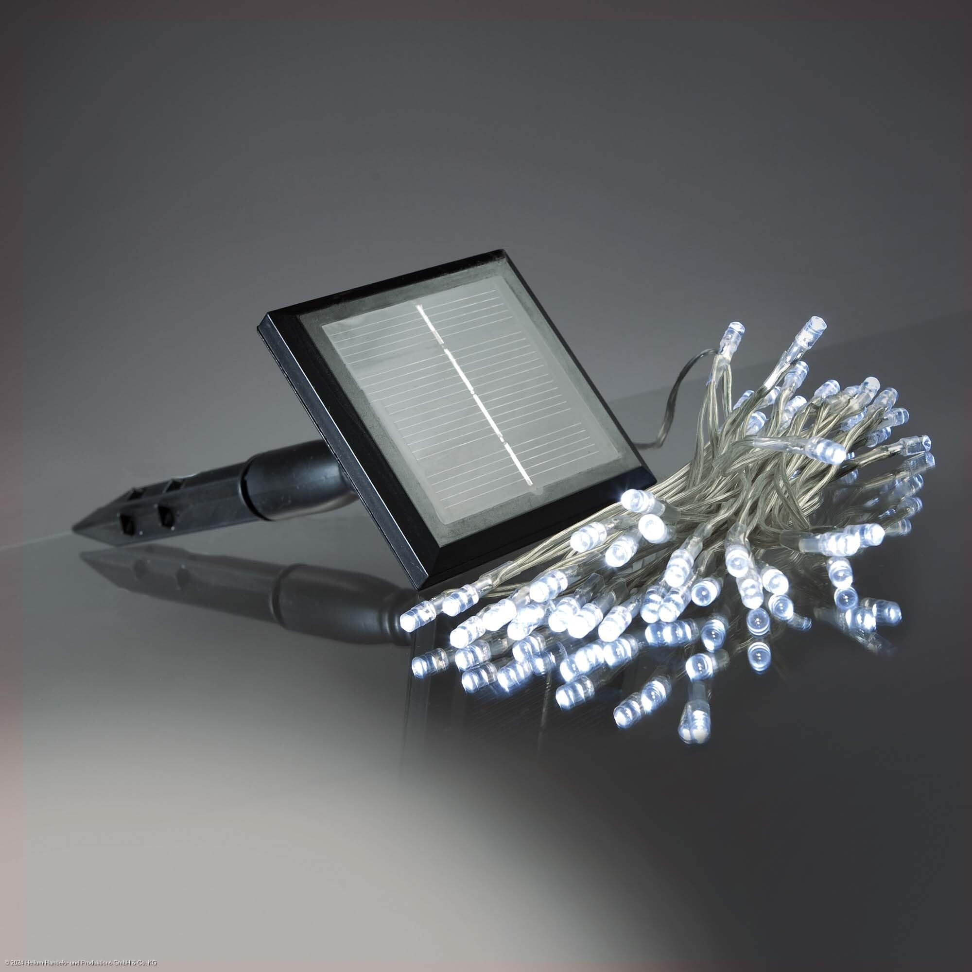 hellum Solar Lichterkette außen, 50 LED Lichterkette außen, 4,9 m mit Timer und wahlweise Blinkeffekt outdoor kaltweiß, Kabel transparent 151206