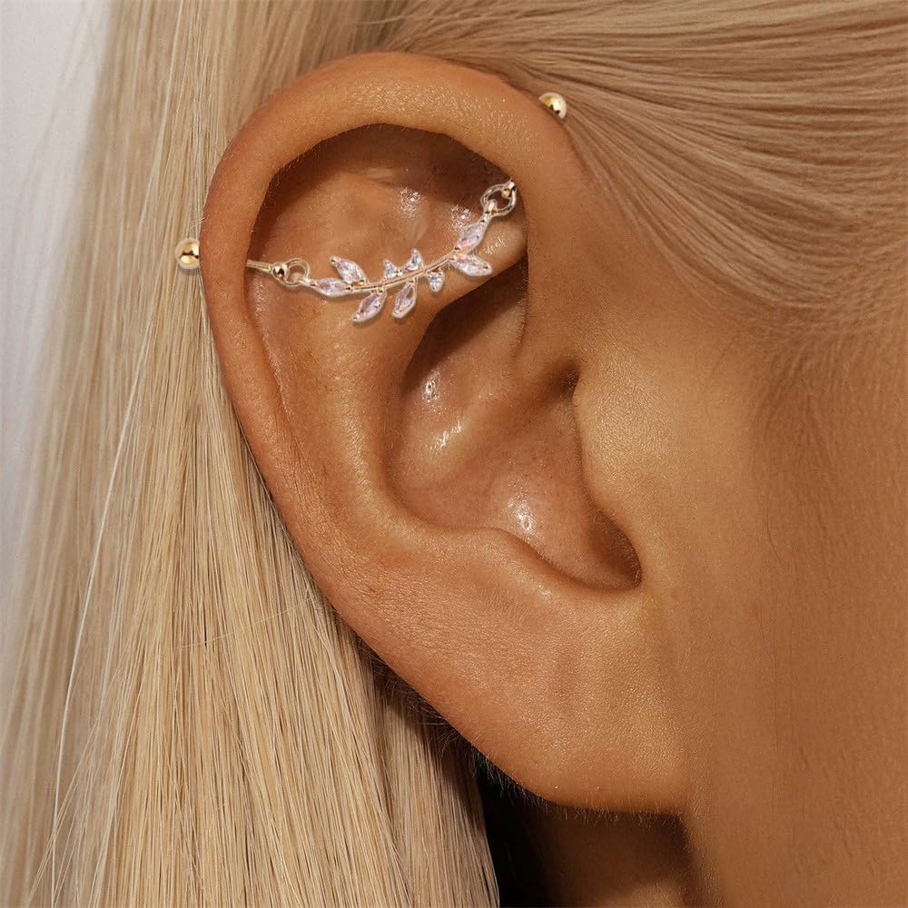 16G CZ Leaf Chain Industrial Barbell Cartilage Earrings Gold 316L Stainless Steel Industrial Piercing Jewelry Sparkle Conch Helix Chained Industrial Bar for Women - Image 2