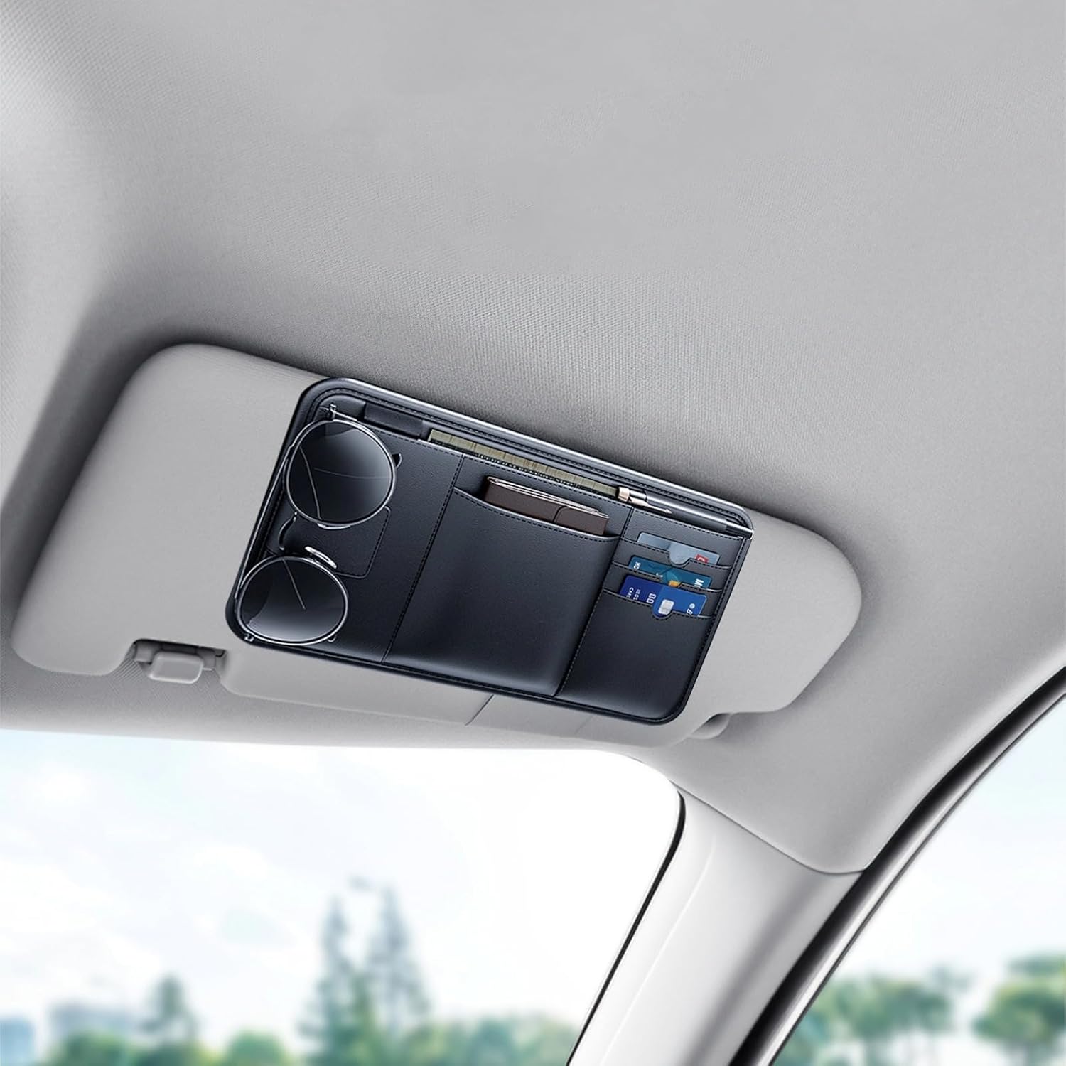Car Visor Organizer, Multi-Functional Sun Visor Organizer, Black PVC Compact Design, Includes Pocket for Documents, Glasses Holder, Ideal for Most Vehicles