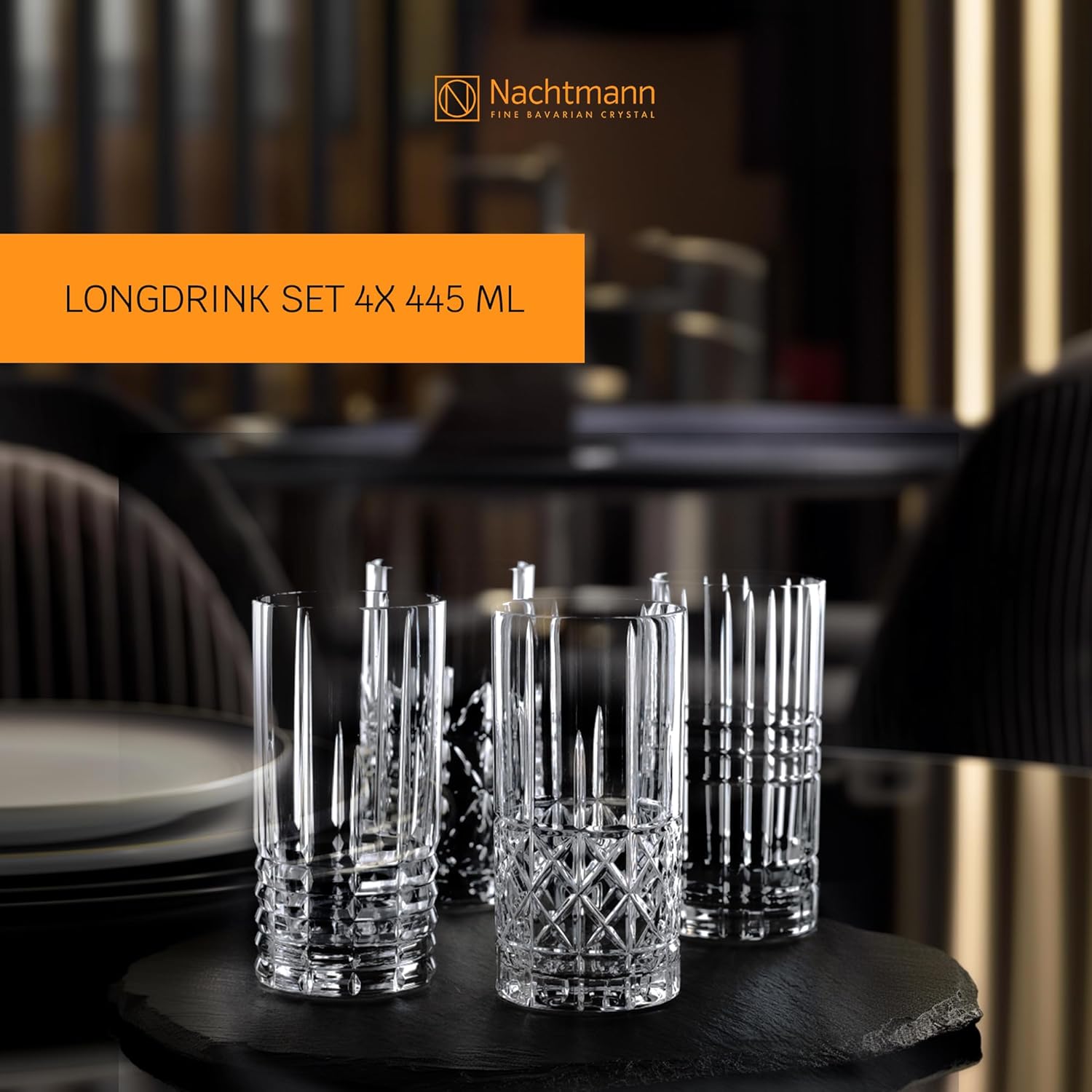 Nachtmann Highland Collection Crystal 6” Long Drink Glasses, Set of 4, With Different Glass Patterns, For Cocktails or Non- Alcoholic Beverages,445 ml, Dishwasher Safe