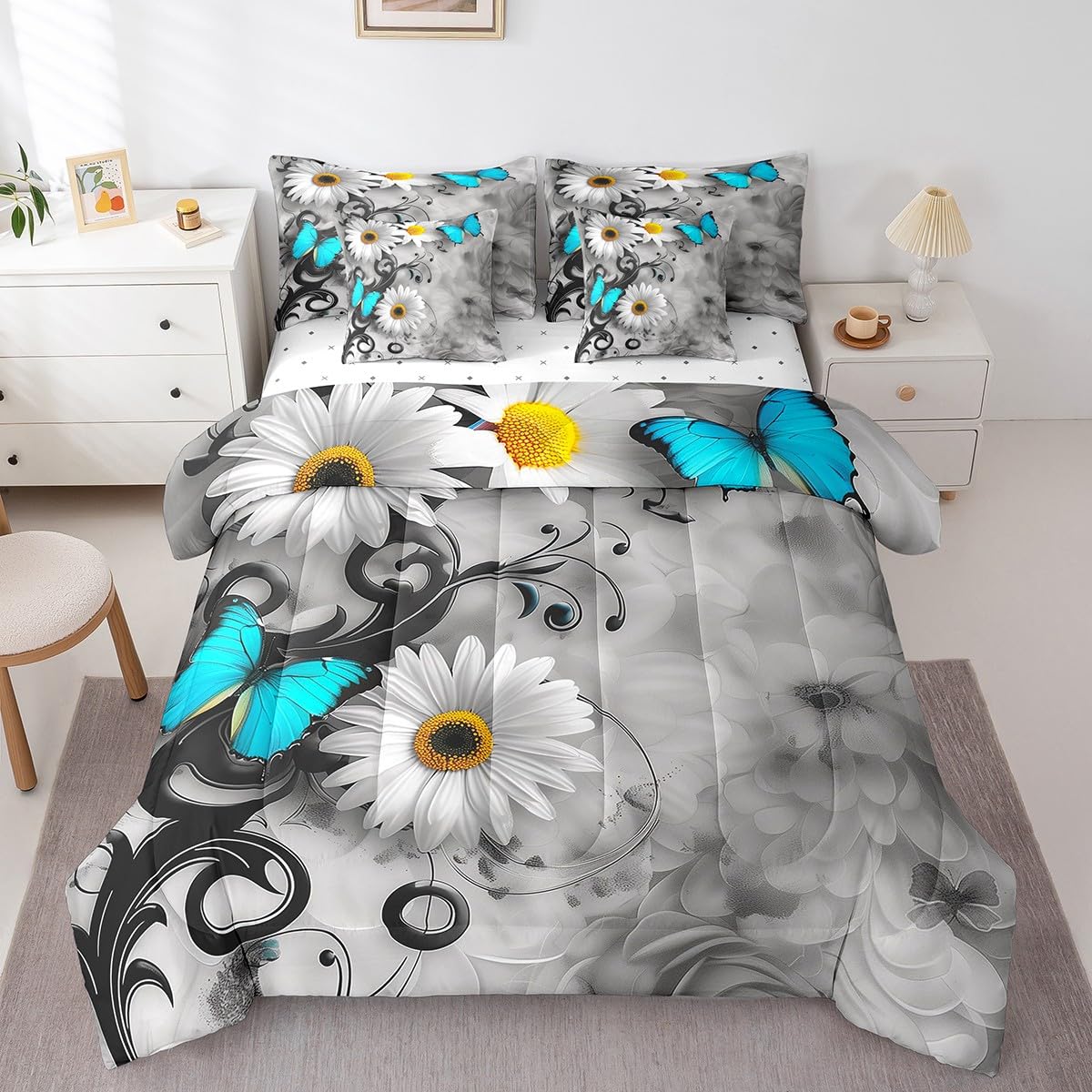 7 Piece Blue Butterfly Girls Bed in a Bag King, White Daisy Sheet Set for Women Boys Teens Flying Butterflies Rustic Garden Theme Bedding with Comforter, Modern Rural Simple Style Cushion Covers 2