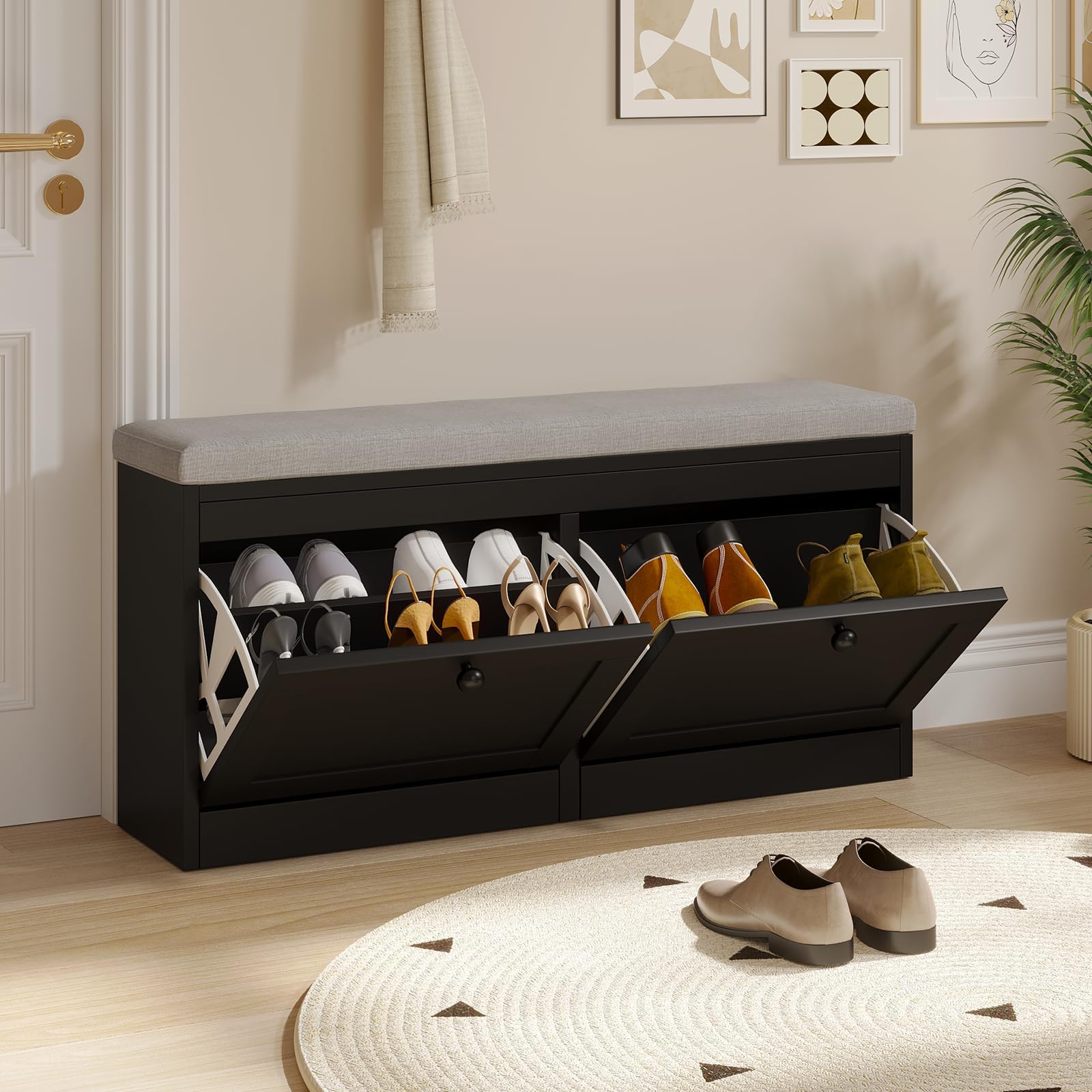 HOMCOM Scarpiera Con Seduta E 3 Cestini In Tessuto – Panca Da Ingresso In Truciolato, Imbottita, Grigio, 105x35x47 Cm, Carico 145 Kg