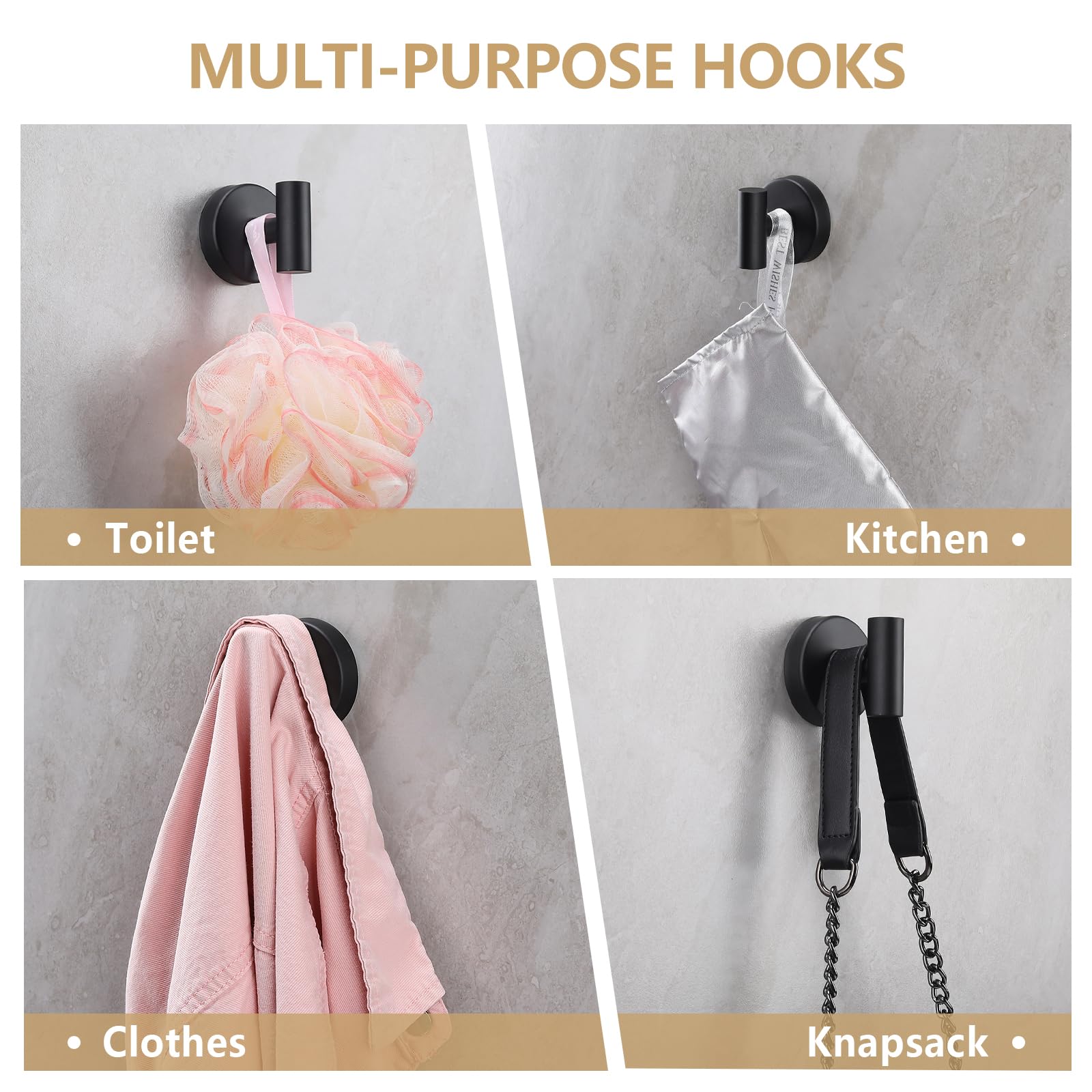 Gancho de toalla negro con ventosa para baño, gancho de pared extraíble para baño, dormitorio, cocina, hotel, piscina, negro mate (paquete de 4)