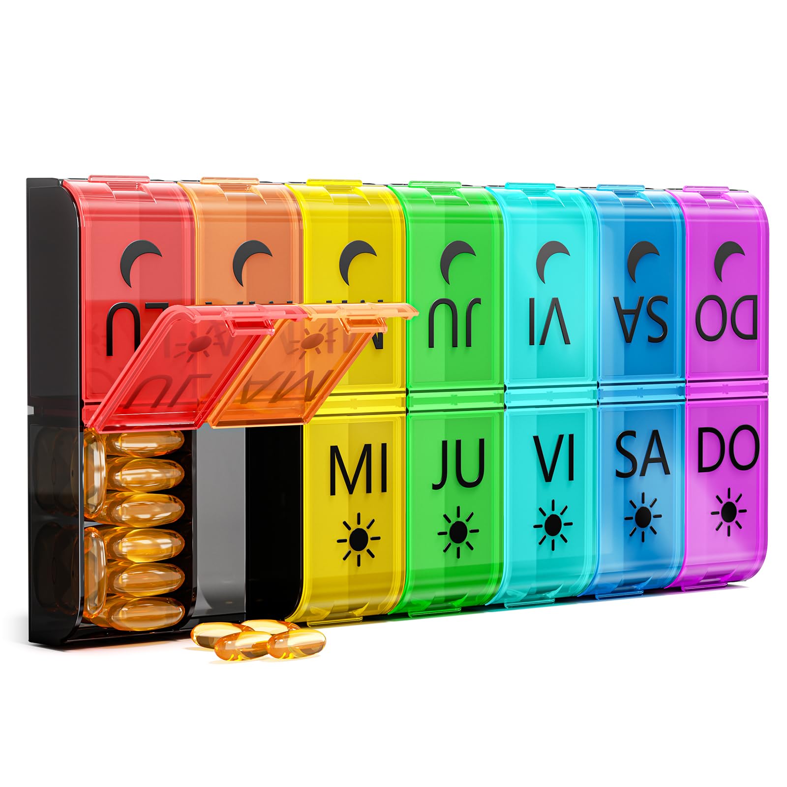COLORWING Pastillero Semanal 2 Tomas Español, Pastillero Grande con 14 Compartimentos XL, Pastillero Diario para 7 Días, Organizador de Pastillas y Medicamentos, Perfecto para Uso en Casa y Viajes