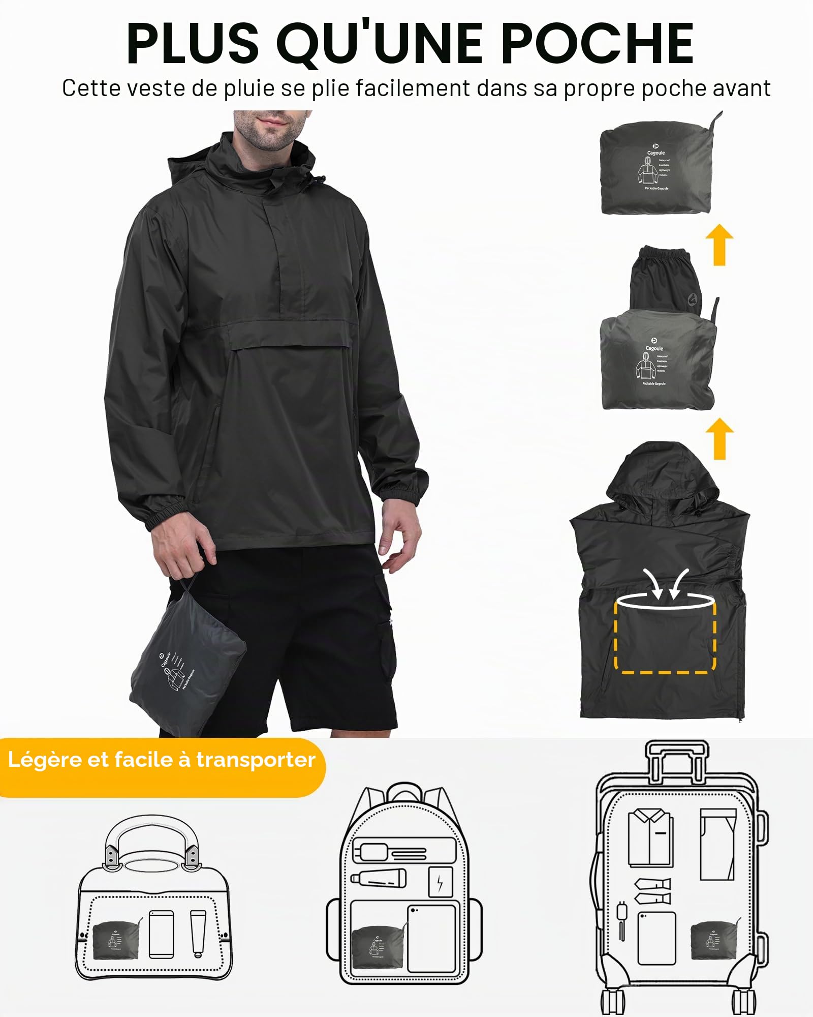 Outdoor Ventures Veste de pluie pour homme - Pull imperméable avec capuche - Veste réfléchissante pliable - Veste coupe-vent légère - Veste softshell respirante pour la randonnée, la course à pied