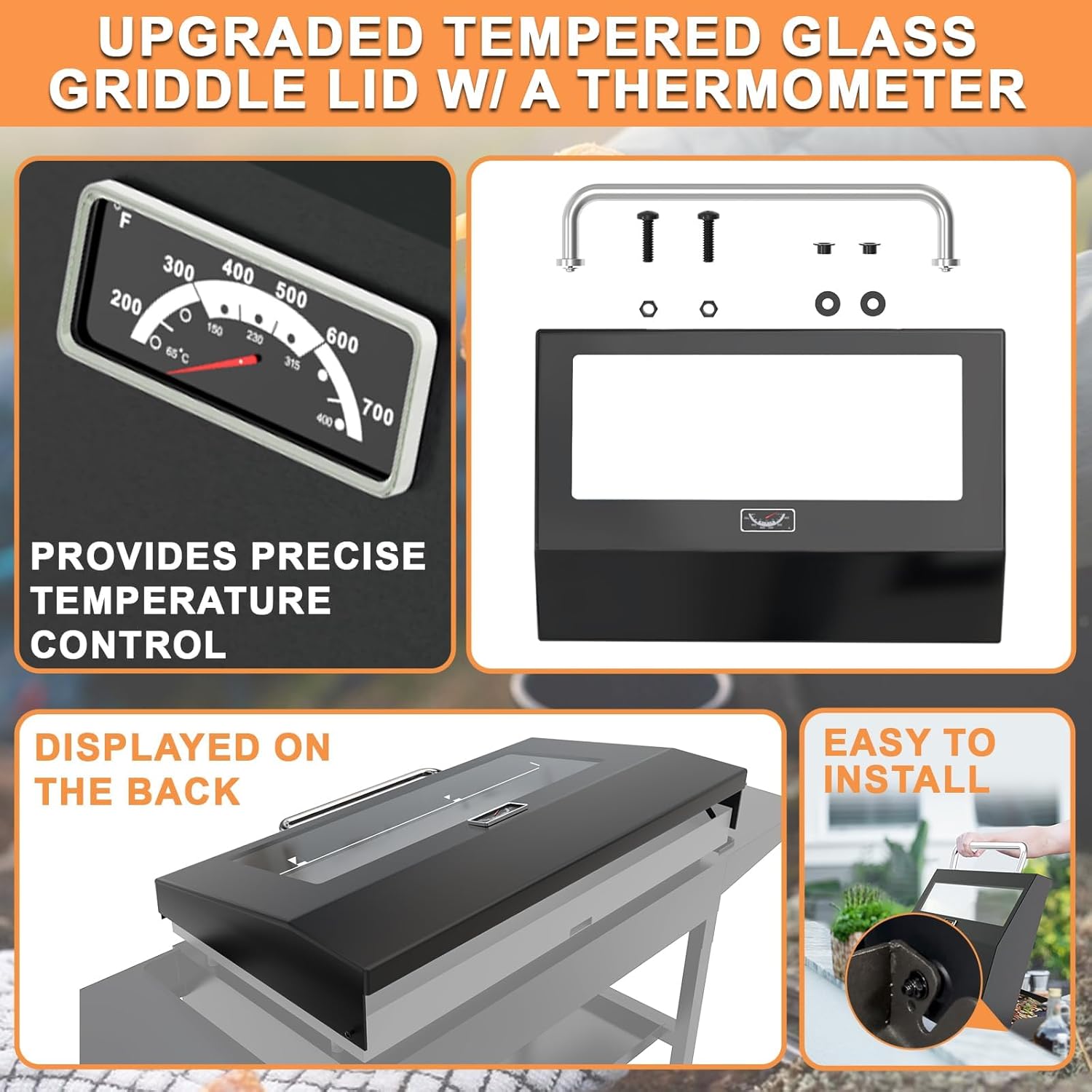 Upgrade Hinged Lid for Blackstone 28" Omnivore Griddle Hood,5857 Visualized Tempered Glass Hard Cover for Blackstone Lid 28" Omnivore 2206 1883 1517 2287 etc.Flat Top Griddle Accessories w/Thermometer