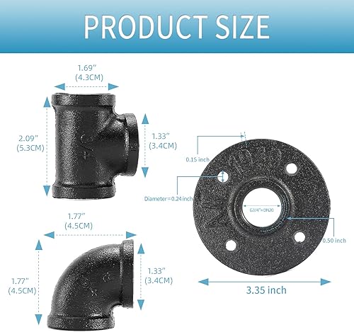 Miniatura 2 de Home TZH - Juego de 30 accesorios de tubería negra de 34 pulgadas, brida de piso negra de 34 pulgadas, codoT para estilo vintage industrial,