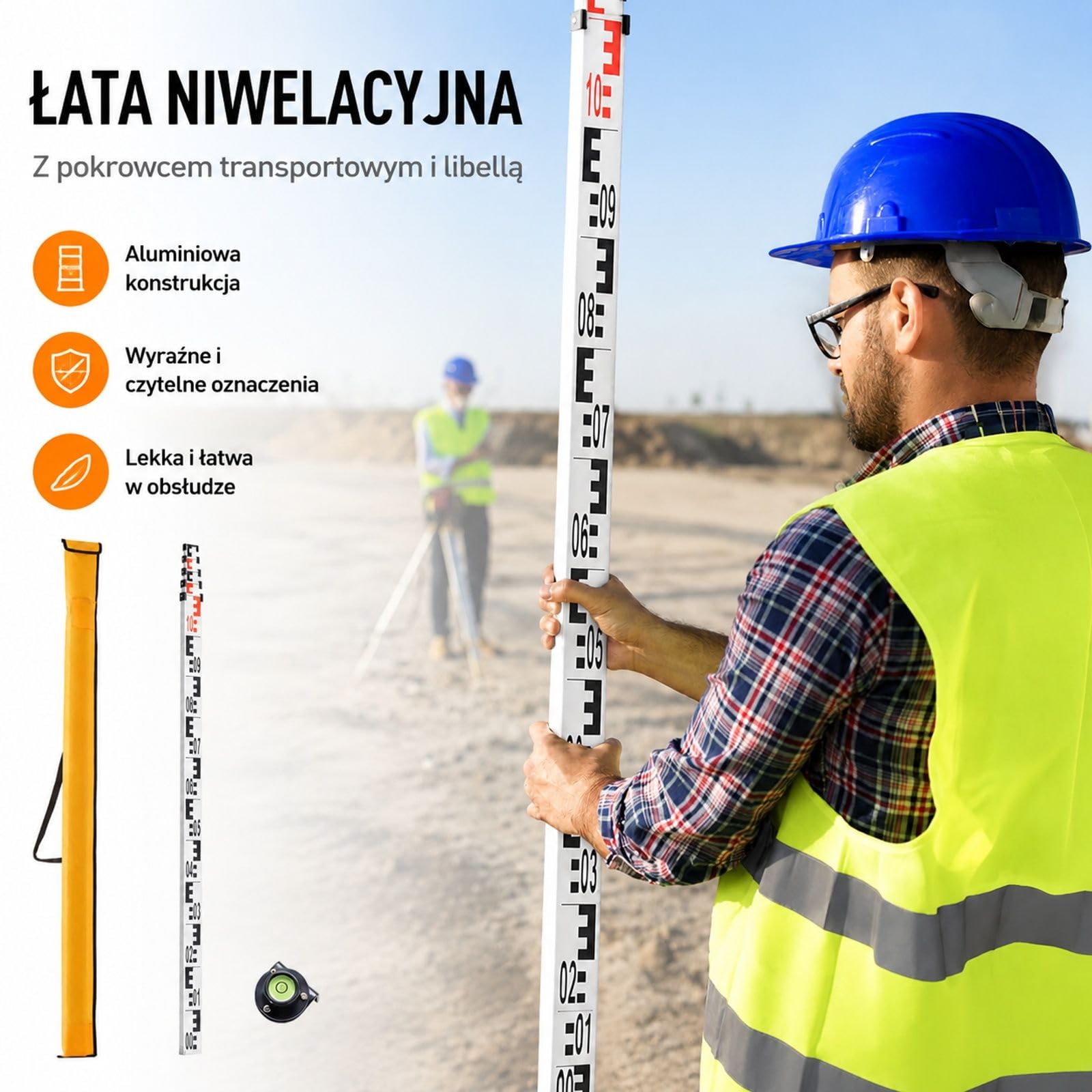 Aluminiowa łata pomiarowa, 5-metrowa teleskopowa łata pomiarowa, dwustronna skala cm/mm, łata niwelacyjna, aluminiowa łata geodezyjna z poziomicą i torbą transportową do pomiaru domów, ścian, pod
