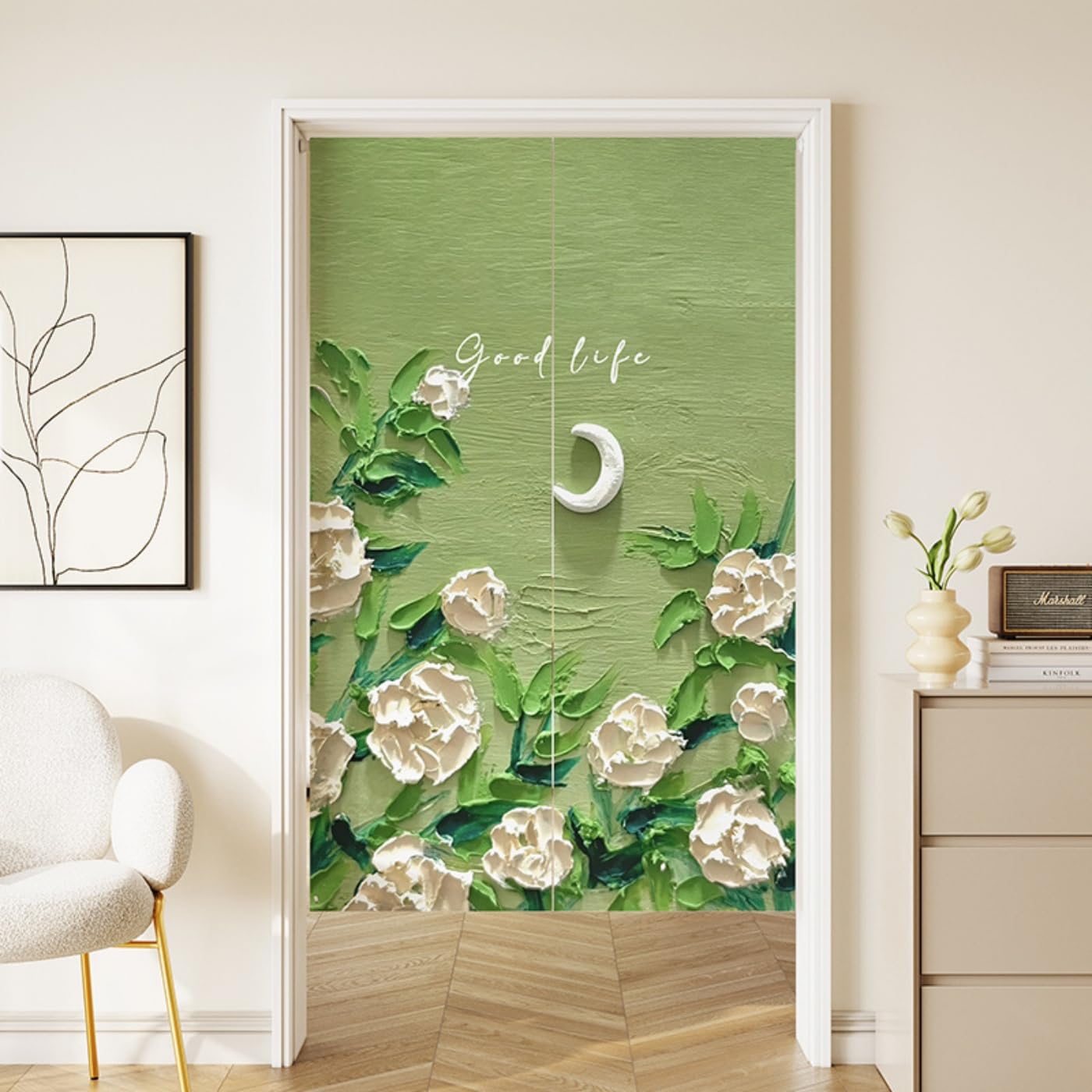 Guest Ruyunlai Japanese Noren Doorway Curtain, M15 White Flowers, 80x120cm