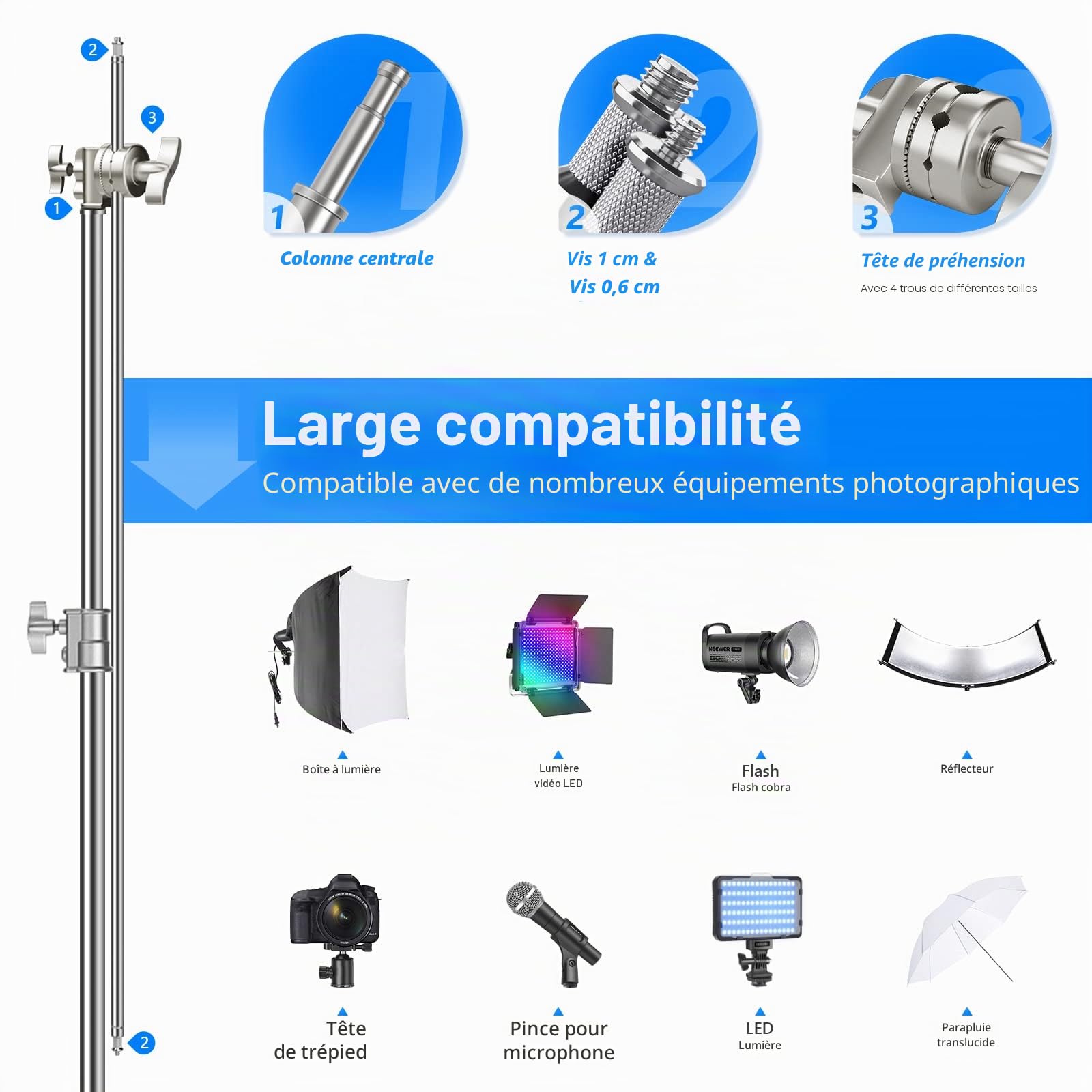 NEEWER C Stand Pro Robuste en Acier Inoxydable 100% avec Bras Boom,Hauteur Max 320cm Pour Lumière de Photographie avec Bras de Maintien de 128cm,2 Têtes de Grip pour Studio Monolight,Softbox, SC320