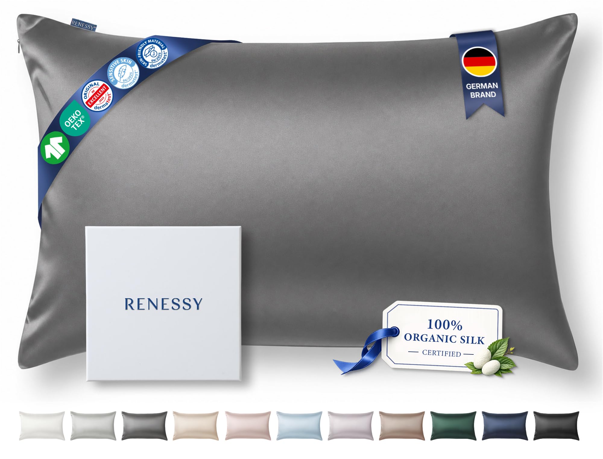 Premium Silk Pillowcase 100% Organic Mulberry Silk, 22 Momme, Grade 6A - Oeko-Tex Certified in Germany - Luxury for Hair & Skin, 1 Piece (Queen Size 20x30 Inches, Graphite Grey)