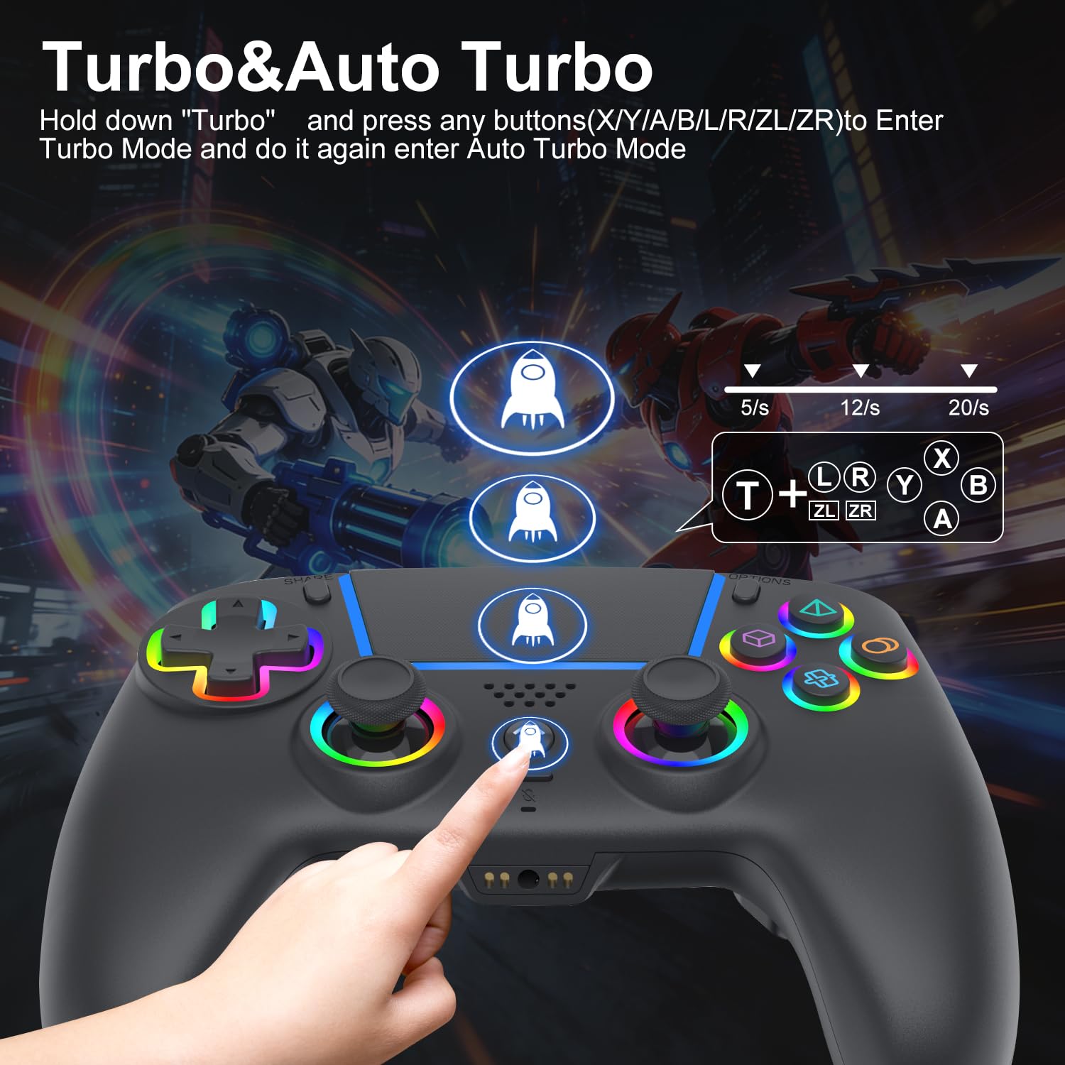 ADHJIE Controlador inalámbrico para PS5, controlador inalámbrico LED RGB compatible con PS5/PS5 Slim/PS5 Pro/PC con conector de auriculares de audio de 3.5 mm y batería integrada de 1000 mAh, turbo y
