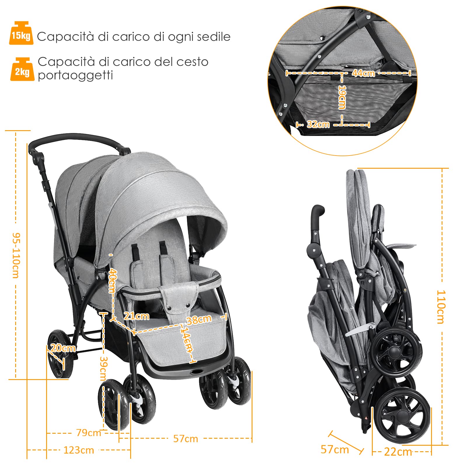 RELAX4LIFE Passeggino Pieghevole Gemellare con Ruote Universali, 2 Cintura di Sicurezza a 5 Punti, 2 Tettoie Regolabili, Maniglia Regolabile per Neonati 0-36 Mesi (GRIGIO)