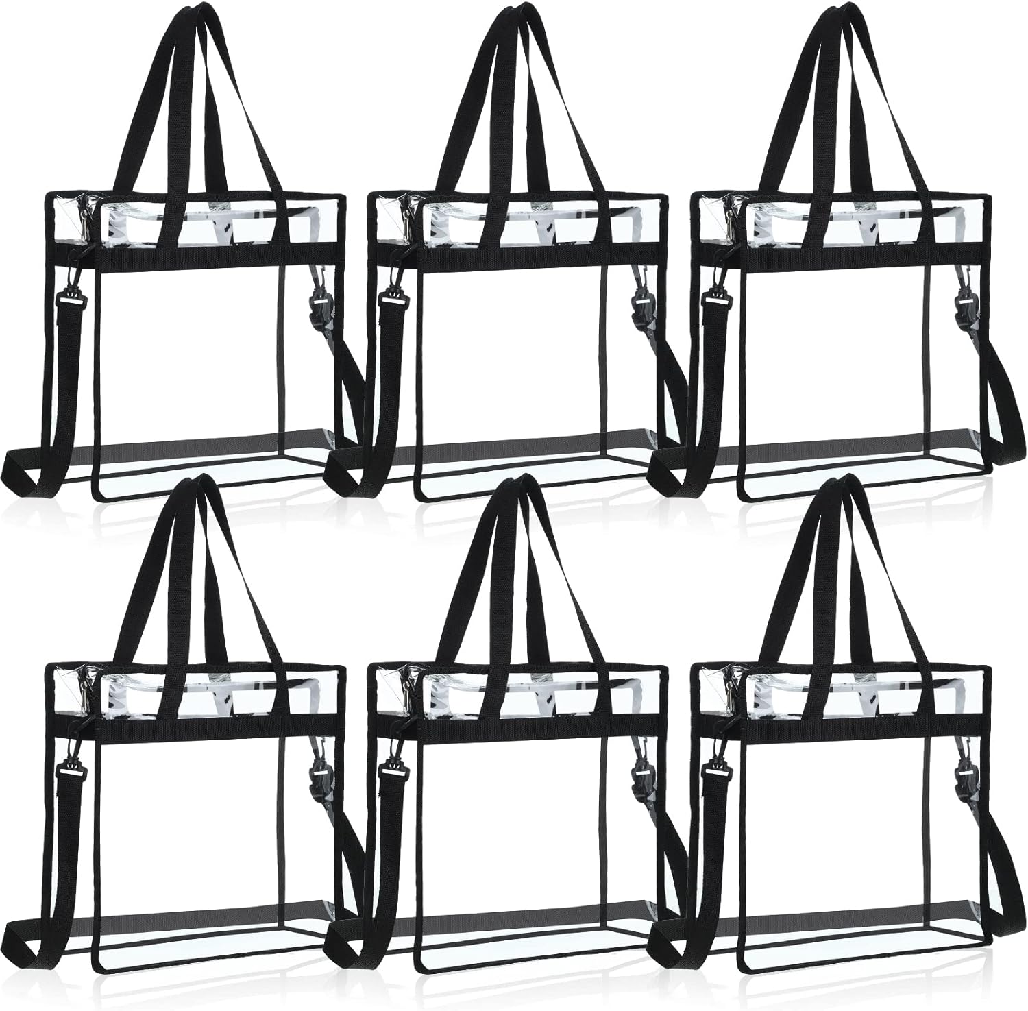 6 Pcs Clear Tote Bags, Stadium Shoulder Handbag Security Approved, Zipper Closure, 12 x 12 x 6 Inch, Women's Adults, Black