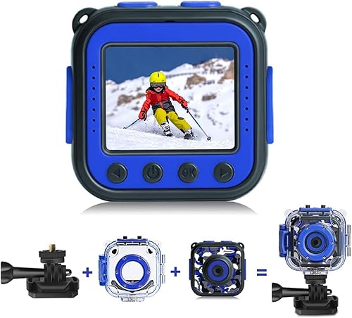 PROGRACE - Cámara impermeable para niños, videocámara digital de acción 1080 HD para niños, juguetes, regalos, juego integrado (azul