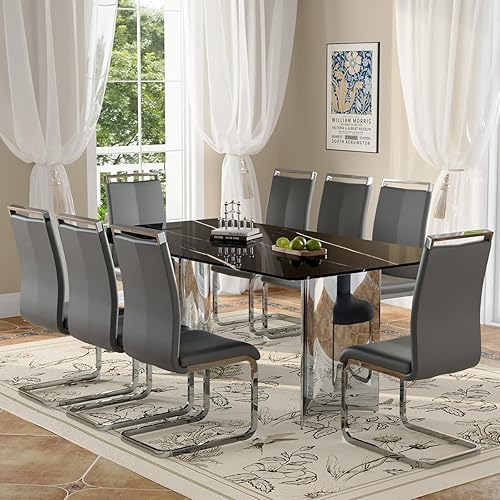 Miniatura 12 de Moderno juego de mesa de comedor para 6, 7 piezas, mesa rectangular de mármol sintético de 71 pulgadas con base de acero inoxidable plateado en