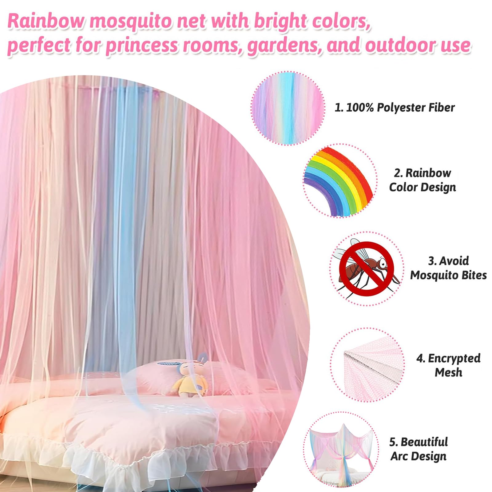 Zanzariera Letto, Zanzariera Letto Matrimoniale Quadrata, Baldacchino per Letto Arcobaleno, Zanzariere Sospese è Adatto a Letti Singoli e può Essere Utilizzato all'esterno o all'interno da Letto