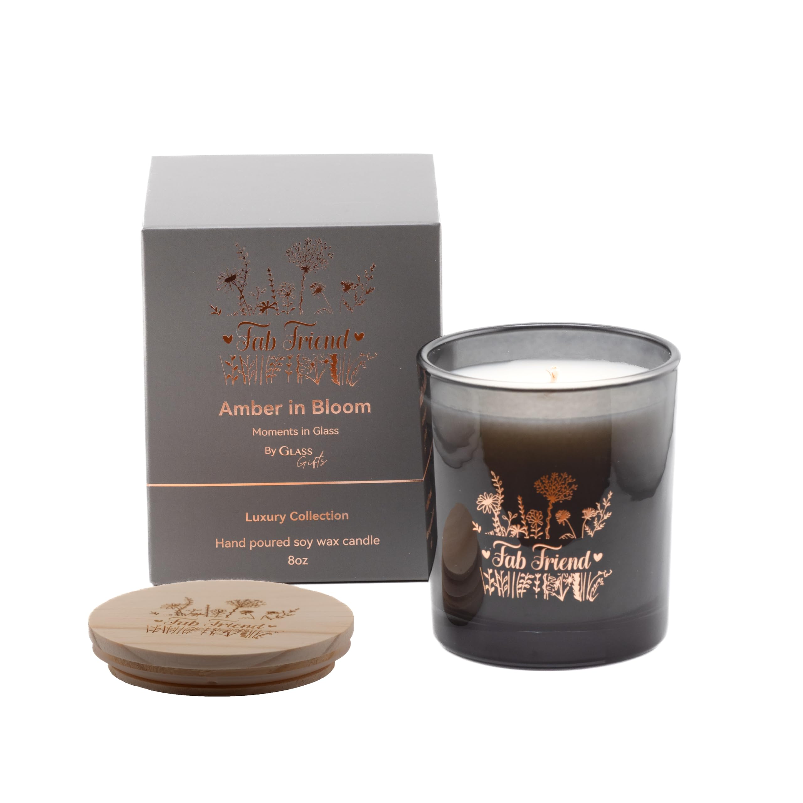 Glass Gifts Dark Grey Fab Friend - Luxury Scented Soy Wax Candle - Amber In Bloom