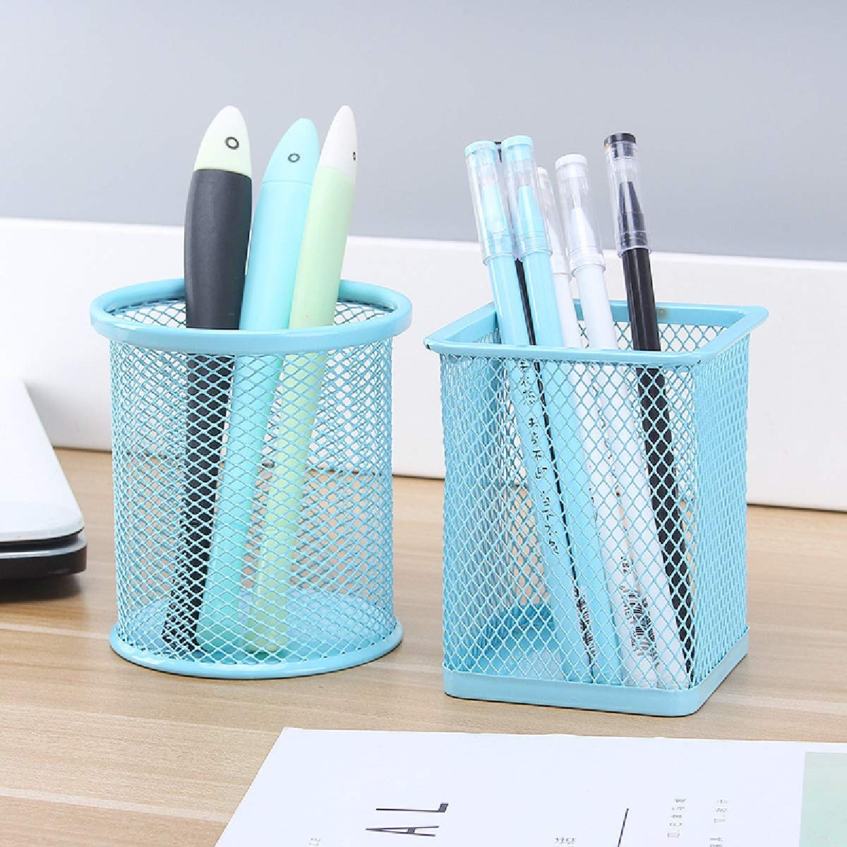 SwissHome Mesh Pen Stand, Pen Holder Round Shape Pencil Container Multipurpose Metal Hollow Out Desktop Storage Organizer for Student Stationery Office Supplies (Pack of-1, Sky Blue) 3
