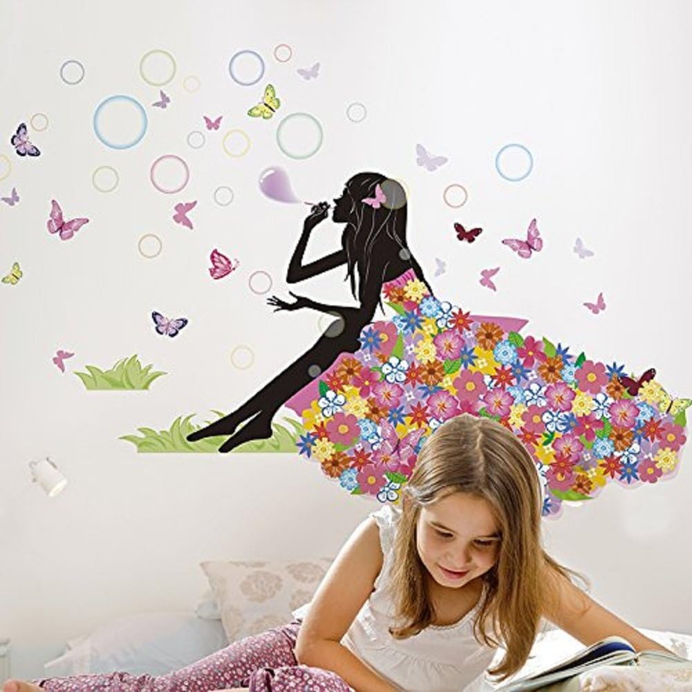 SWORNA Nature Series Flower Butterfly Girl Blowing Bubble Removable Vinyl DIY Wall Art Mural Sticker Decal Decor - Living Room/Play/Bedroom/Hallway/Kindergarten/Home Office Nursery/School 35"H X 52"W