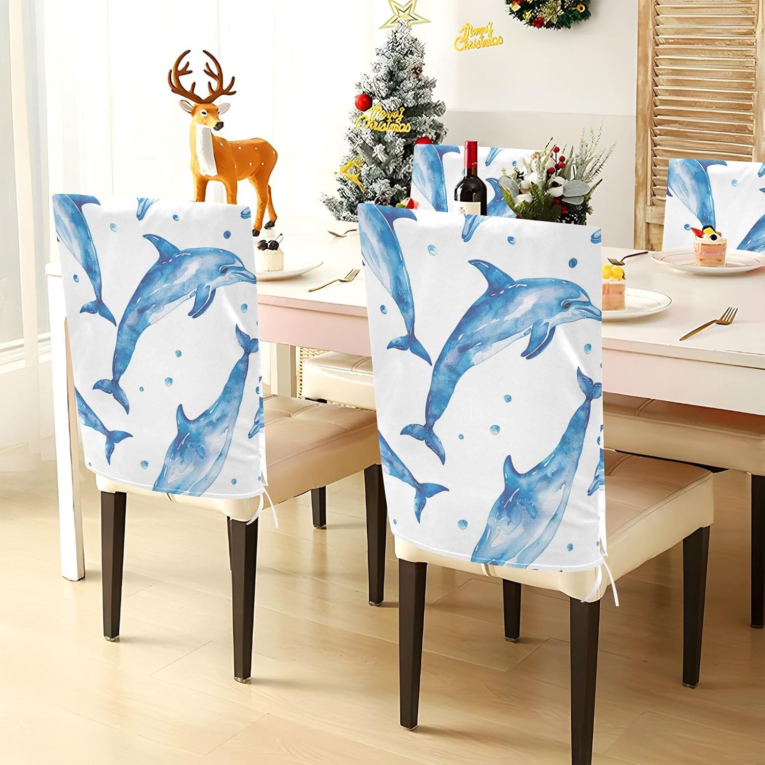 ALAZA Blue Dolphin Chair Back Cover Set of 6, Washable Reusable Removable Chair Slipcovers Decorative Chair Cover for Home Kitchen Wedding Party