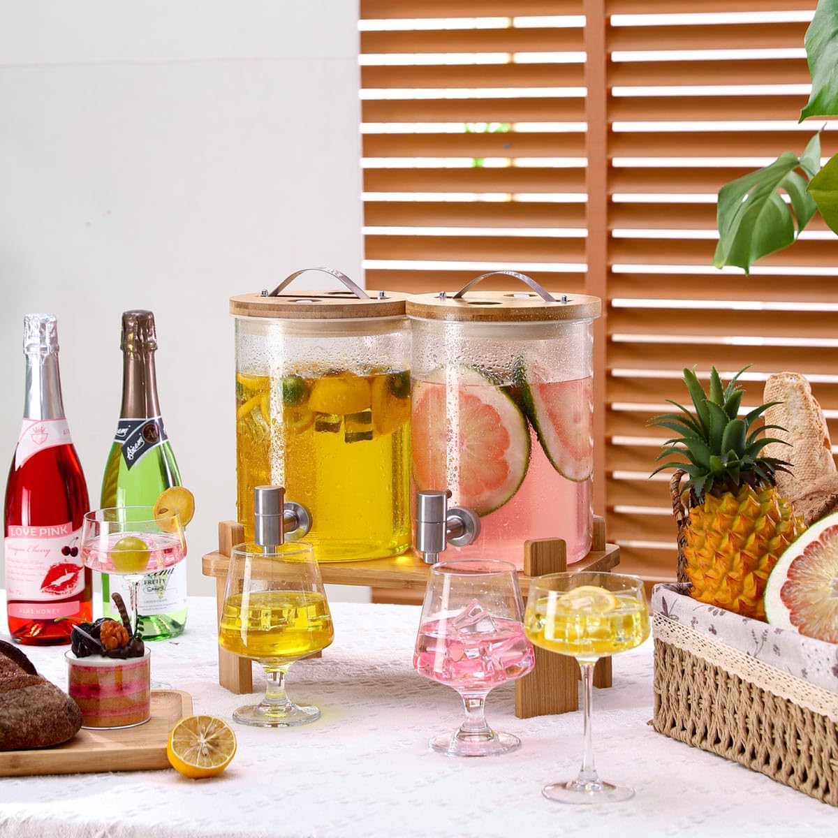 2 PCS Glass Drink Dispenser Set 1 Gallon With Stand, Spigot | 1 gallon glass drink dispenser with stand and spigot for parties juice and lemonade beverage server